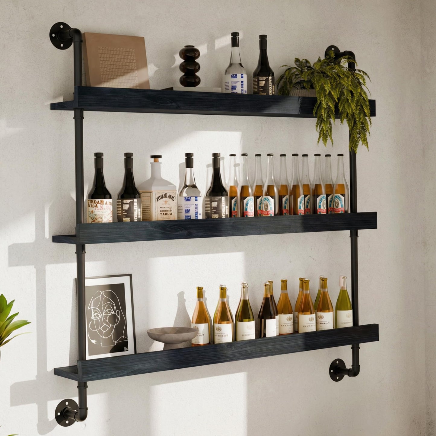 Anynice Industrial Wine Rack Wall Mounted, Solid Wood Shelf with Metal Pipe Brackets, 3-Tier Rustic Hanging Organizer for Wine Bottle Storage in Kitchen, Bar, Pub, Cellar(Black, 48 Inch)