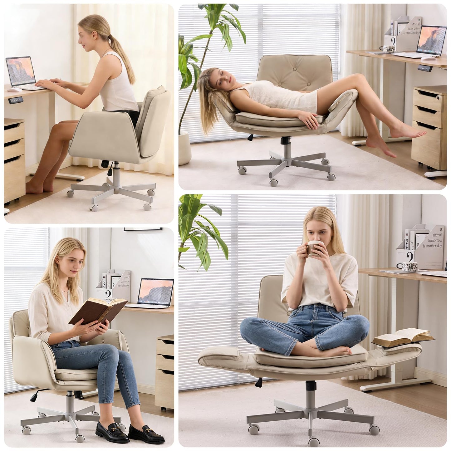 MOJAY Criss Cross Chair, Vanity Chair, Pretty Fancy Desk Chair, Cross Legged Office Chair for Girls, 360°Swivel Height Adjustable Reception Chair (Beige PU)