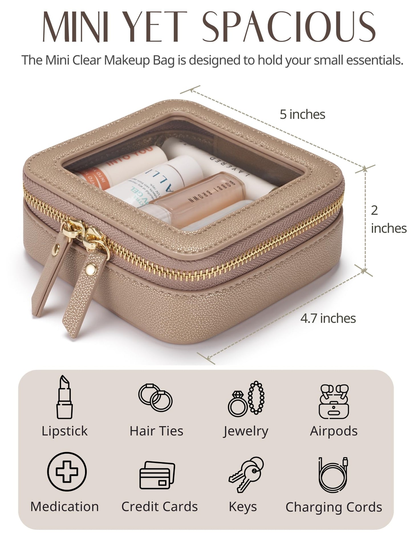 Popvibe Small Makeup Pouch Clear Makeup Bag for Purse Travel Mini Bag for Women for Essentials Cute Cosmetic Case Traveling Small Toiletry Bag Portable Mini Pouch for Car Organizer Bag Gold