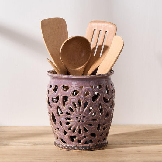 JH JIEMEI HOME Farmhouse Kitchen Utensil Holder for Kitchen Counter, Ceramic Large Cooking Utensil Crock with Cork Mat, Decorative Rustic Utensil Organizer for Countertop, Spatula, Antique Purple