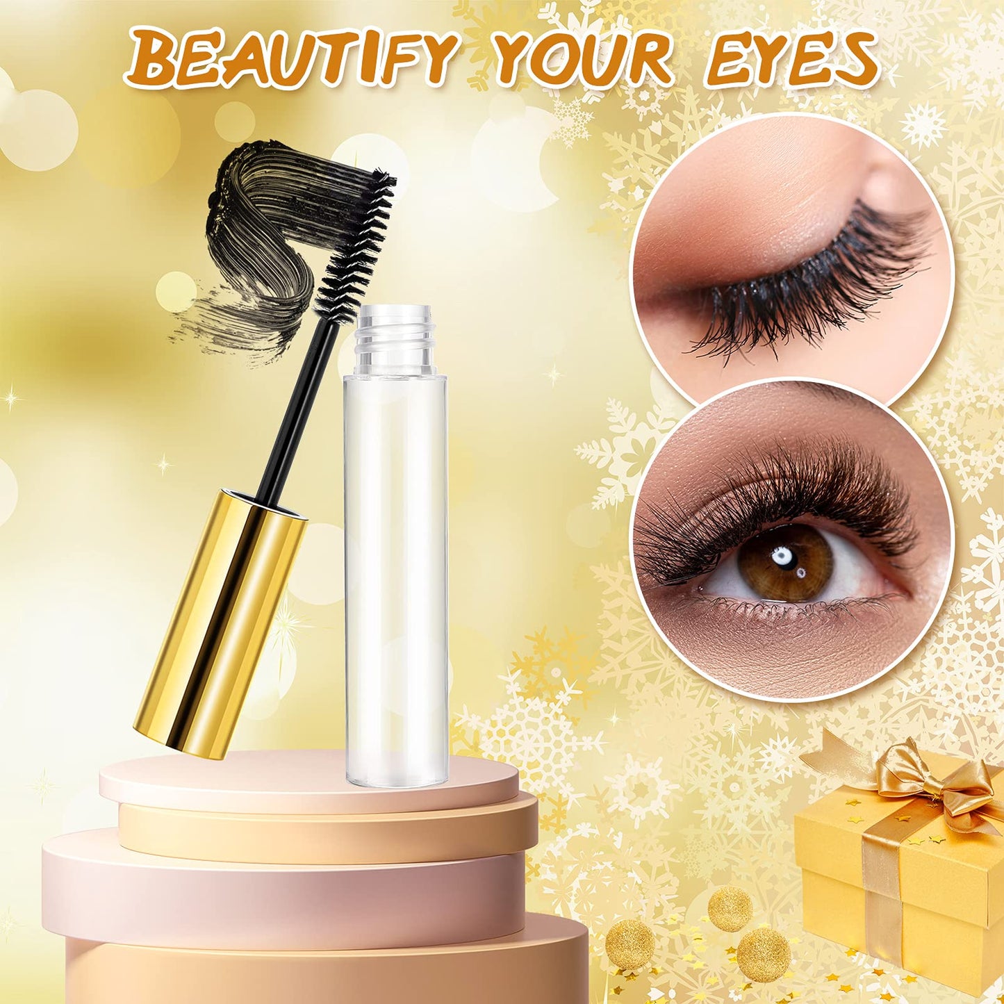 Maitys 40 Pieces 10 ml Empty Mascara Tubes Eyelash Wand Refillable Clear Bottles Eyelash Cream Container Bottle with 4 Pieces Transparent Funnels Transferring Castor Oil for DIY Cosmetics (Golden)