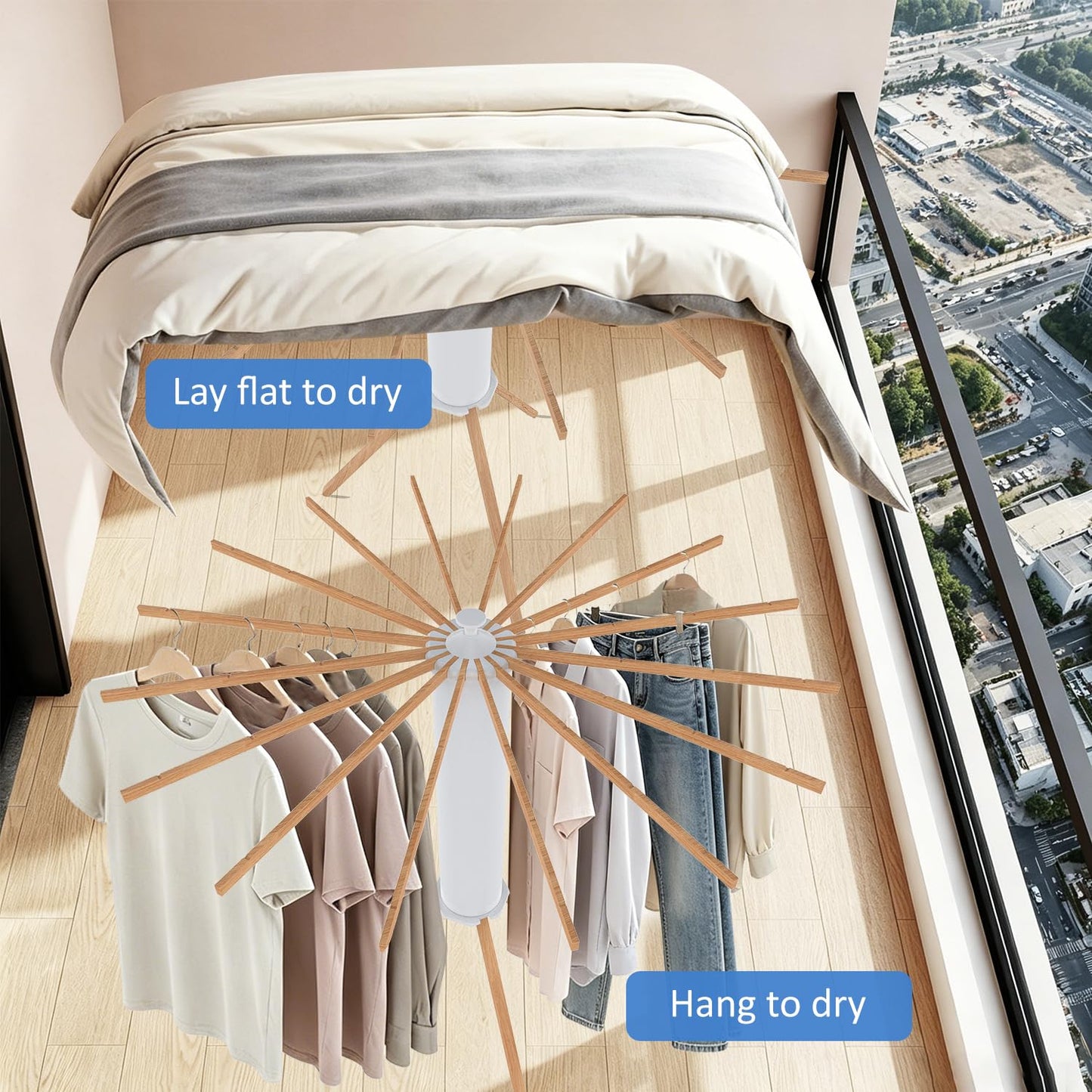 Clothes Drying Rack, Foldable Wooden Tripod Drying Rack Clothing for Small Apartments Balcony Bedroom, Portable Space Saving Laundry Rack, Floor Standing with 16 Octopus Poles for Indoor Drying.