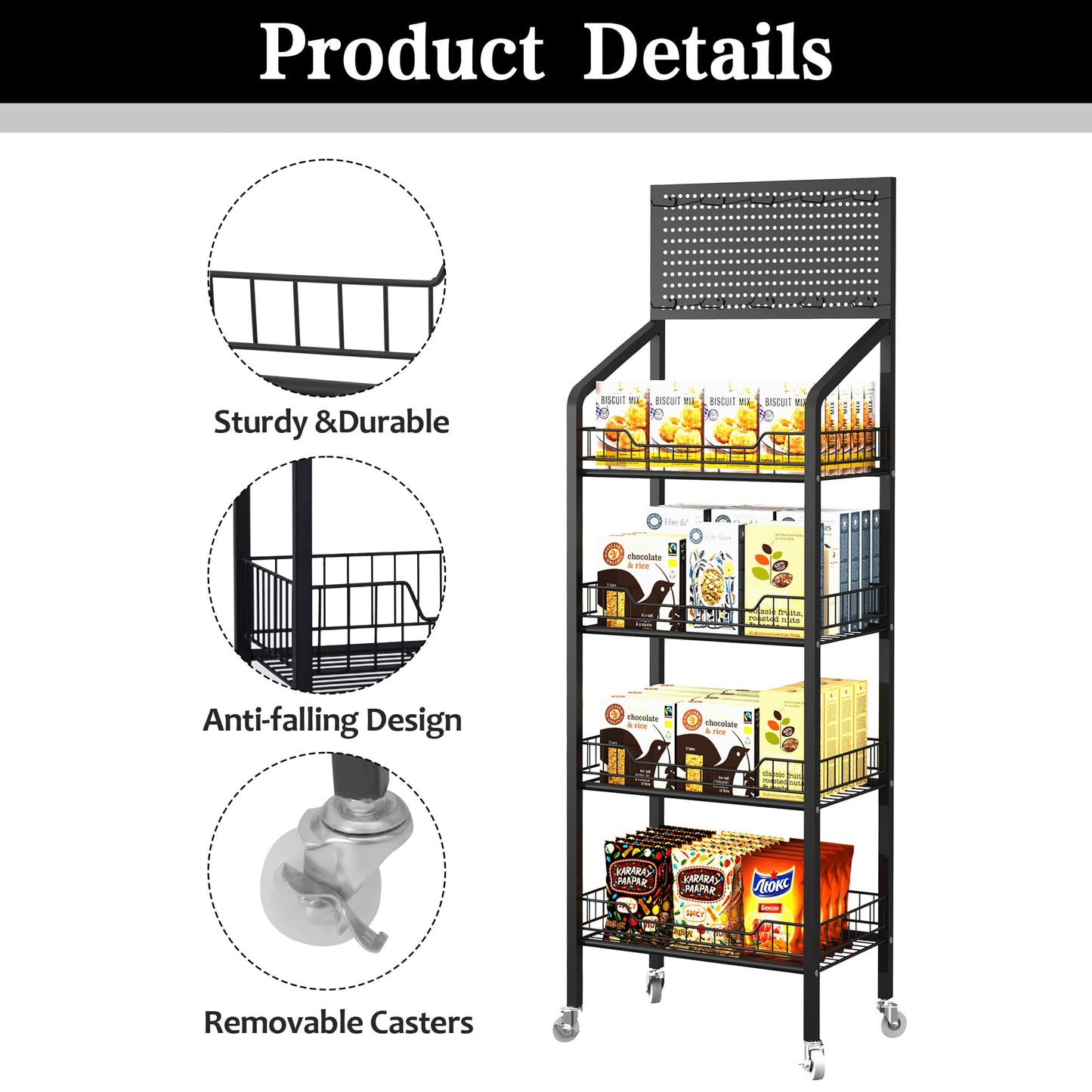 Qriocioa Retail Snack Display Rack 4-Tier Metal Candy Display Merchandise Rack Retail Chip Cart Candy Potato Display Shelves with Wheels & Hooks Snack Shelf for Supermarket and Home Kitchen, Black