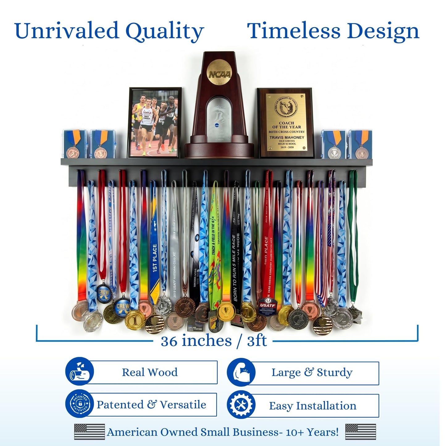 MedalAwardsRack 3ft- Ultimate Medal Hanger Display and Trophy Shelf - Multi-Sport Trophy and Medal Holder for Medal Display, Plaques, Pictures, Trophies and more. Solid Wood - Large 36" - Black