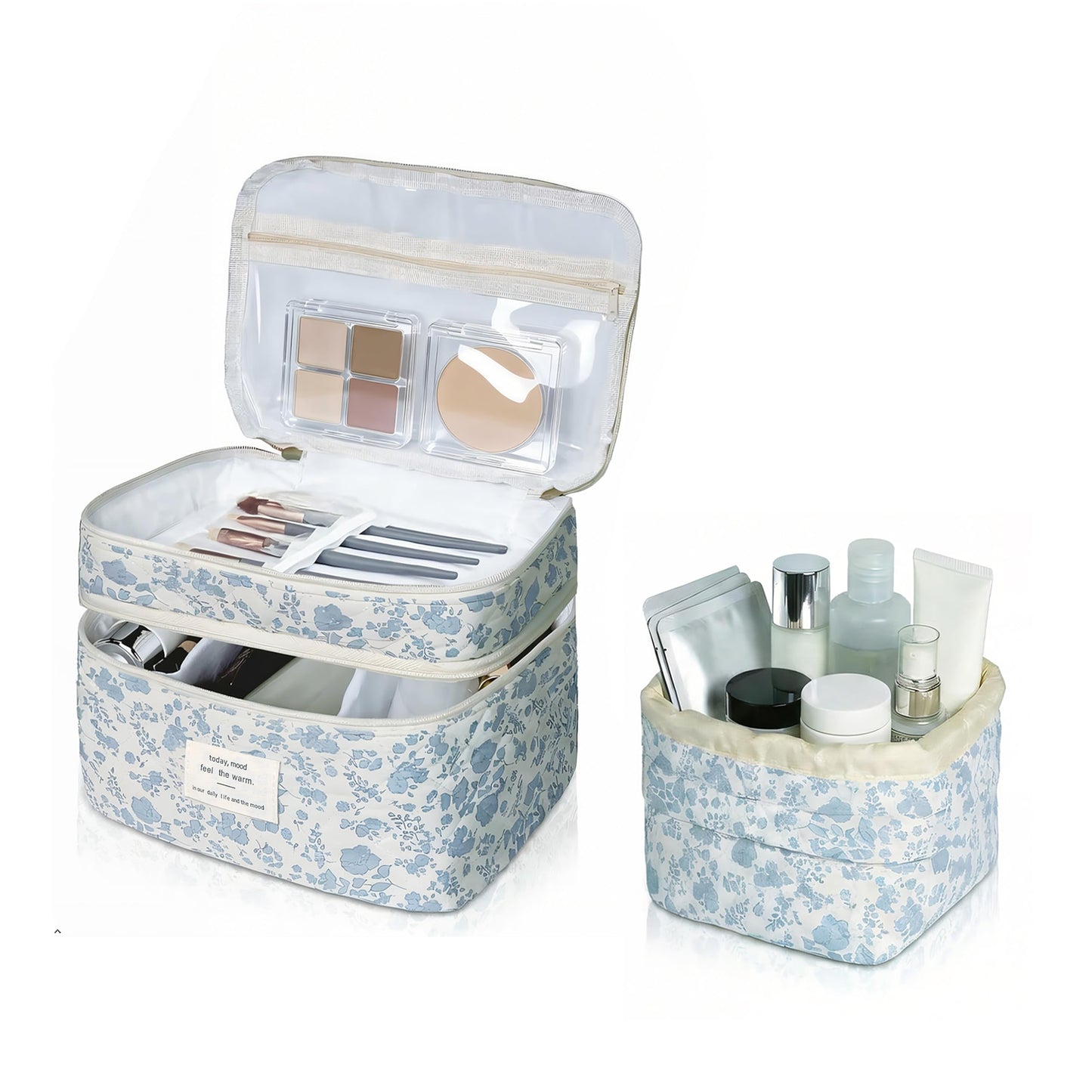 Gosect Makeup Bag, 2pc Quilted Cosmetic Bag Set, Drawstring Makeup Bag with Canvas Lining + Large Floral Toiletry Bag for Women Girls, Cute Cotton Flower Travel Organizer Bag (Blue Flowers