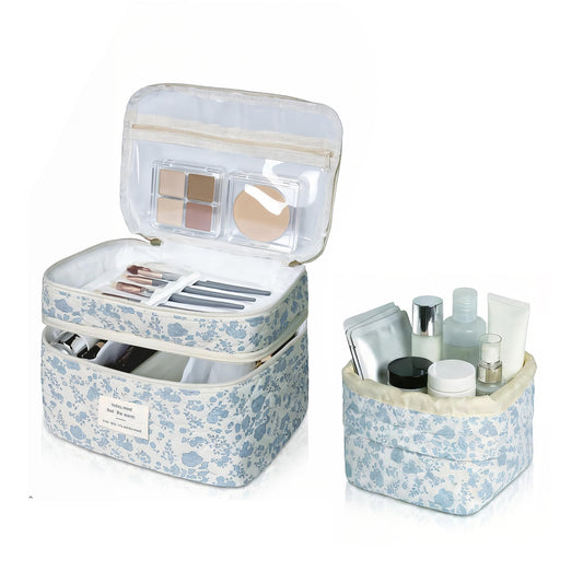 Gosect Makeup Bag, 2pc Quilted Cosmetic Bag Set, Drawstring Makeup Bag with Canvas Lining + Large Floral Toiletry Bag for Women Girls, Cute Cotton Flower Travel Organizer Bag (Blue Flowers