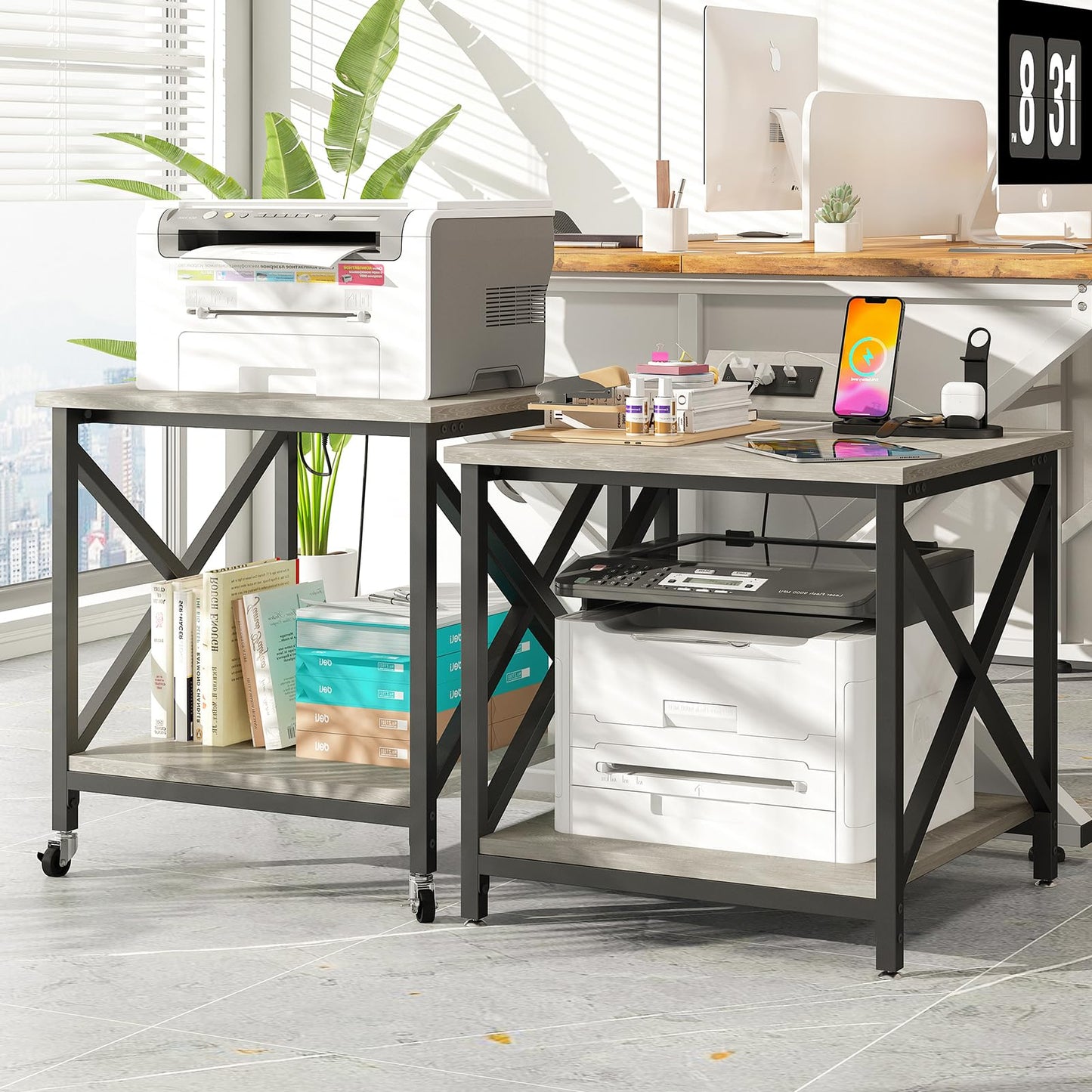METYERRY Large Printer Stand with Power Outlet, with Storage Shelf, 2 Tier Rolling Printer Cart with Industrial Wheels, 23.6 x 23.6 Inches Printer Table for Home Office,Greige