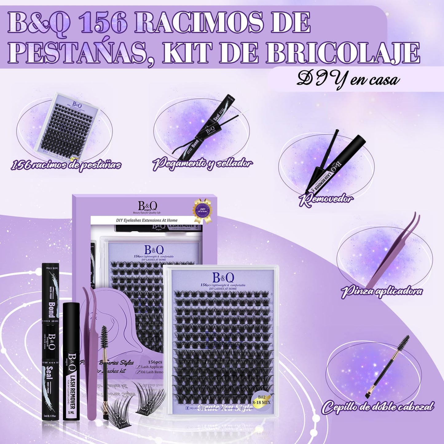 B&Q Wispy Lash Clusters Kit B02, DIY Lash Extension Kit 156PCS Eyelash Extension Kit, Soft Natural Lash Clusters 8-18MIX D Curl Lash cluster, Thin Black Band Cluster Eyelash Extensions (B02 Set)