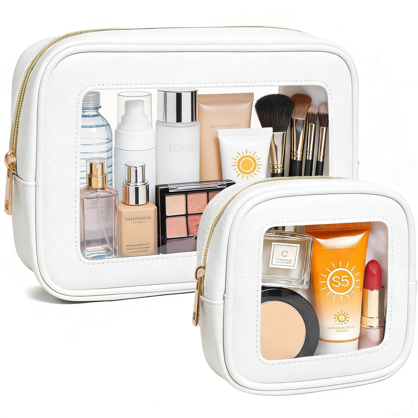 FFpaw Clear Makeup Bag Set for Women, Waterproof Travel Clear Makeup Bag Small Toiletry Bag Skincare Pouch Portable Travel Cosmetic Bag with Zipper Car Organizer Bag for Essentials (Large+Mini White)