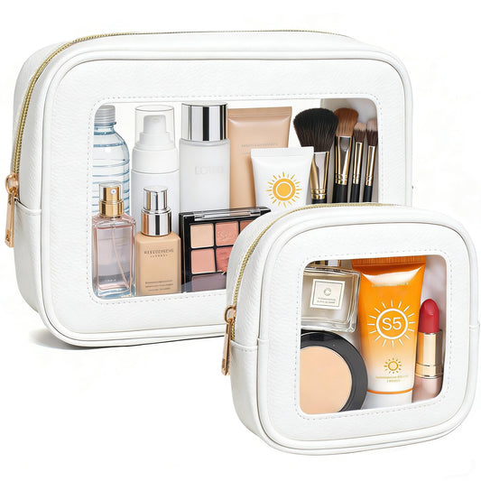 FFpaw Clear Makeup Bag Set for Women, Waterproof Travel Clear Makeup Bag Small Toiletry Bag Skincare Pouch Portable Travel Cosmetic Bag with Zipper Car Organizer Bag for Essentials (Large+Mini White)