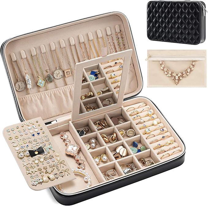 Lolalet Travel Jewelry Case for Women Girls, Travel Jewelry Organizer Box with Mirror & Clear Storage Bag, Small Portable Earring Necklace Bracelet Ring Case, Birthday Christmas Gifts -Large, Black