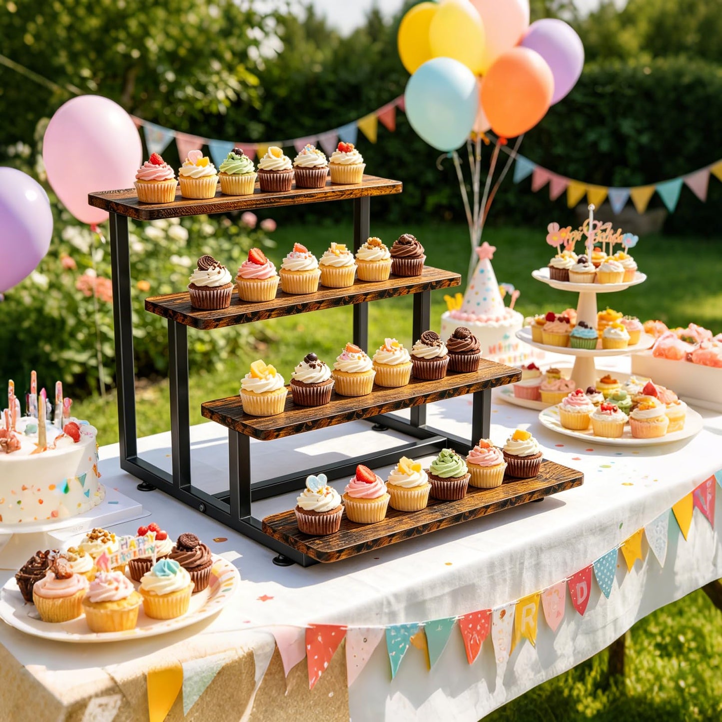 Cupcake Stand for 50 Cupcakes, 4 Tier Wooden Risers Display Stands Stepped Dessert Table Display Set with Metal Frame Tiered Tray Stand Serving Trays for Party Farmers Market Display