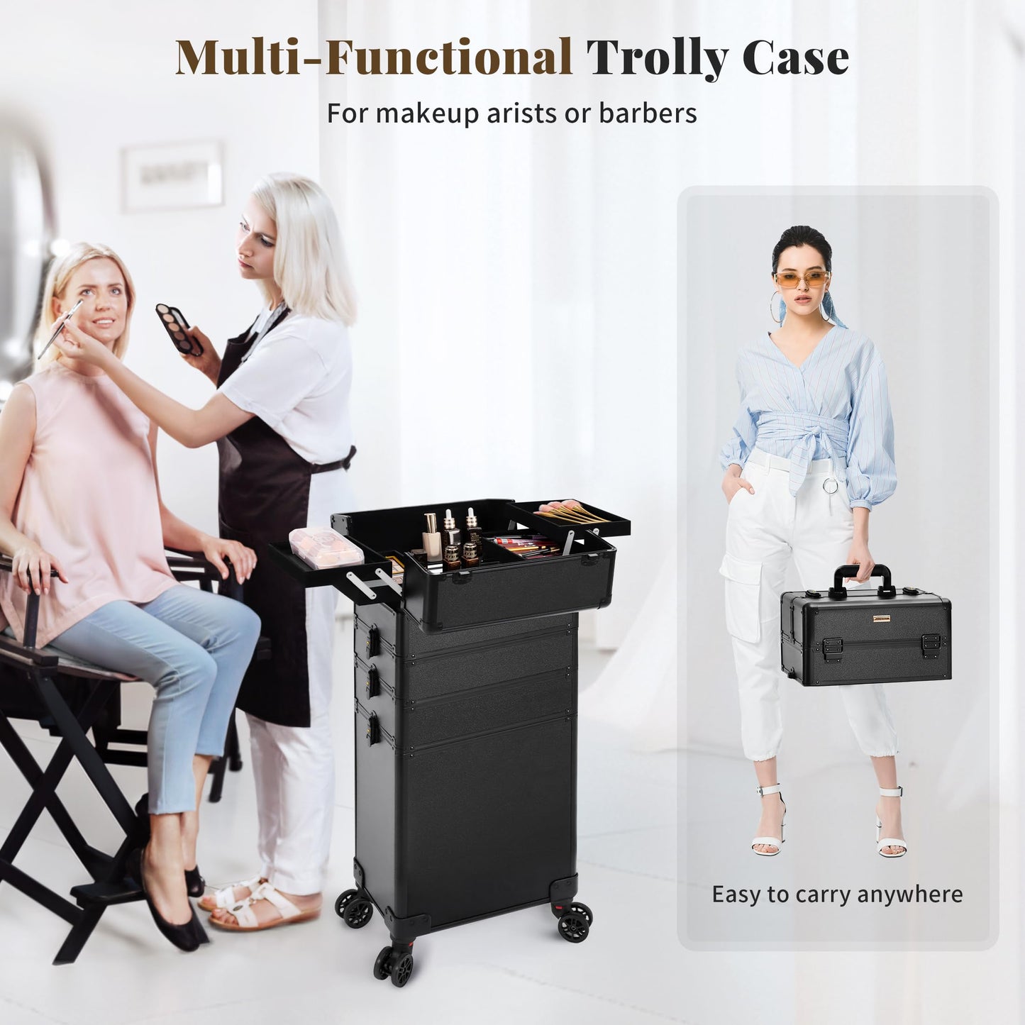 JINGUAN Profesional Rolling Makeup Train Case with Lid, 5 in 1 Cosmetology Case on Wheels, Large Cosmetic Trolley Organizer Travel for Hairstylist Artist Nail Beauty Salon Barber, Black