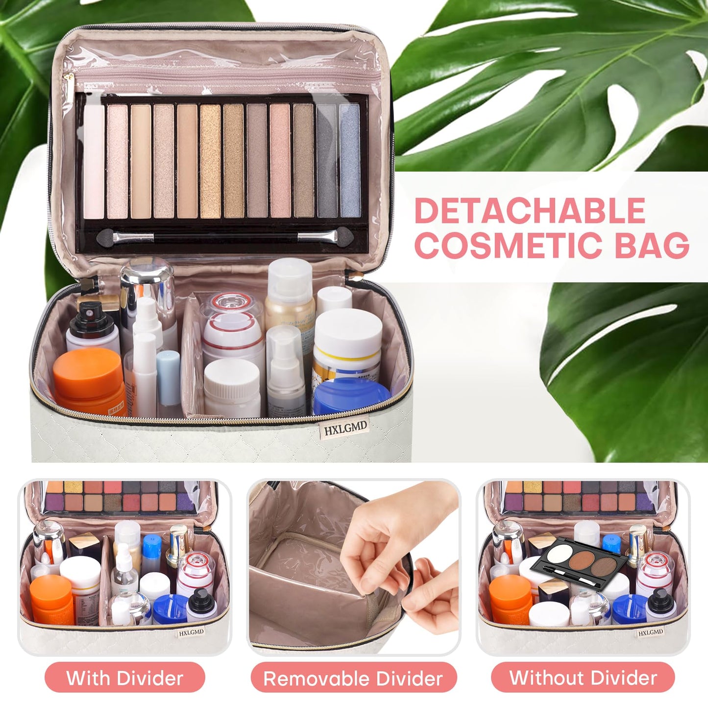 HXLGMD Large Makeup Bag with Mirror Double Layer Travel Make Up Organizer Case, Large Capacity Coemetic with Brush Slot Divider, Travel Toiletry Bag for Women - White/Beige