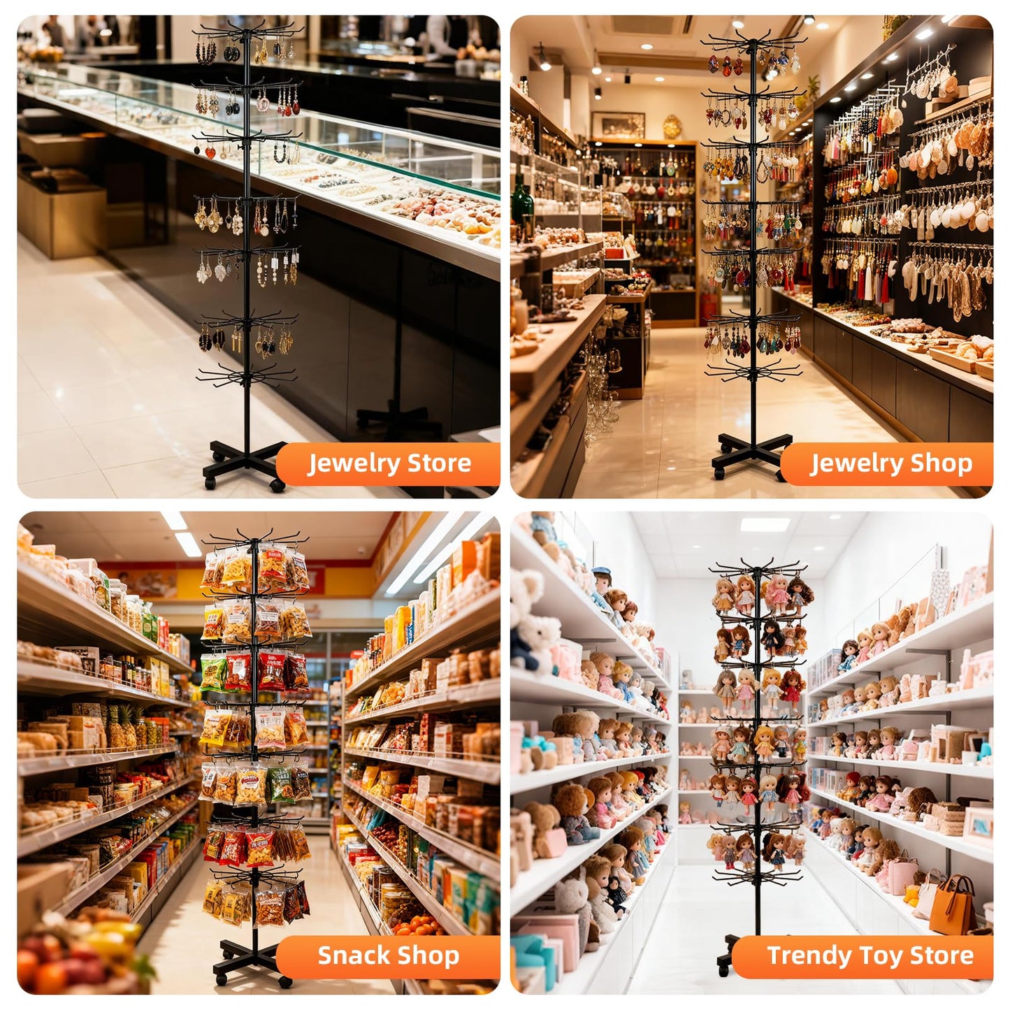 Retail Display Stand 7-Tier 360° Rotating Rack Shelves Retail Show Displays,Adjustable Height & Locking Wheel Store Display for Toys Jewelry Keyring Socking Hats Snacks Nail Accessories (Black,Metal)