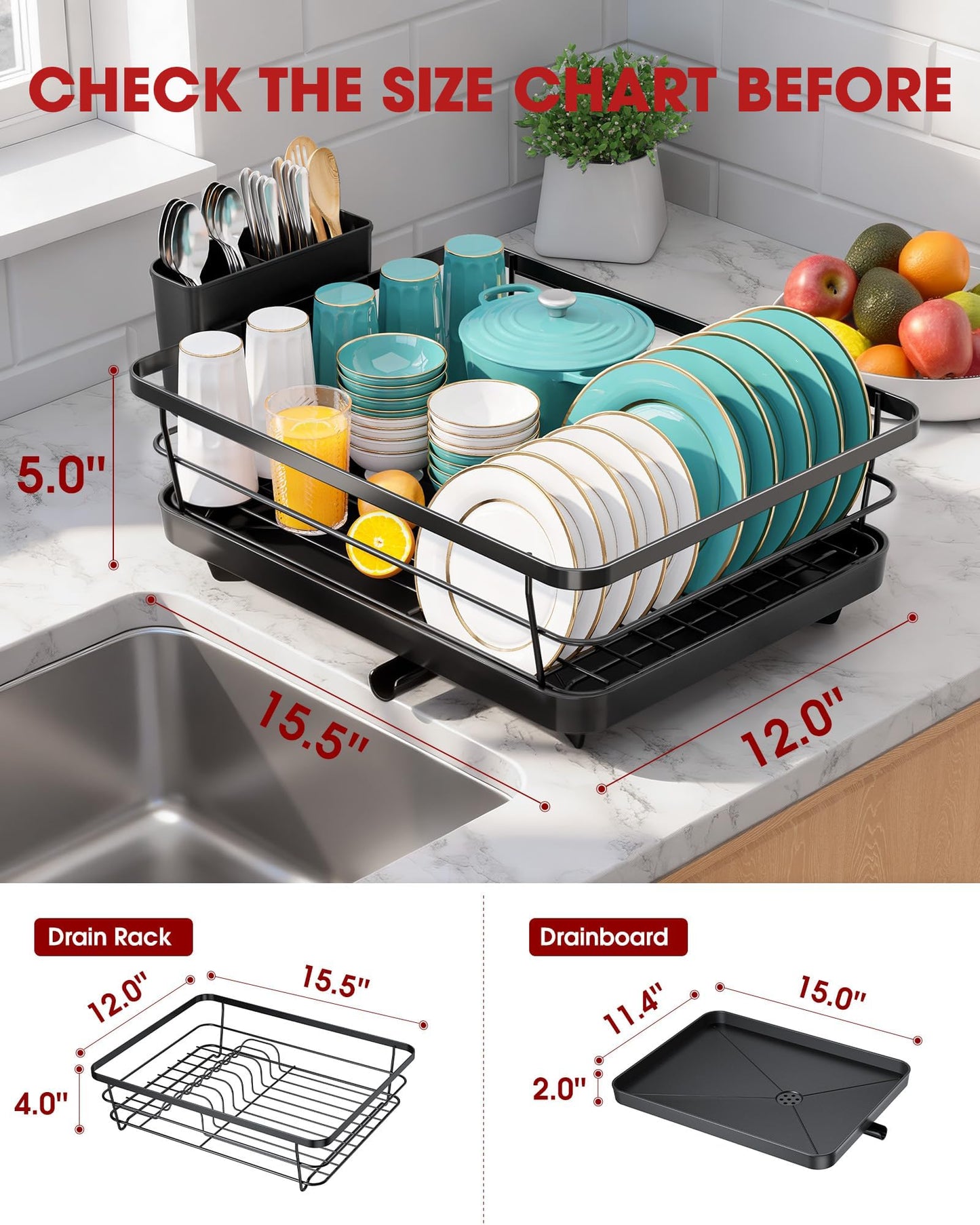 Sakugi Dish Drying Rack - Stainless Steel Dish Rack with Drainboard for Kitchen Counter and Sink, 15.6" D x 12" W x 5" H, Black