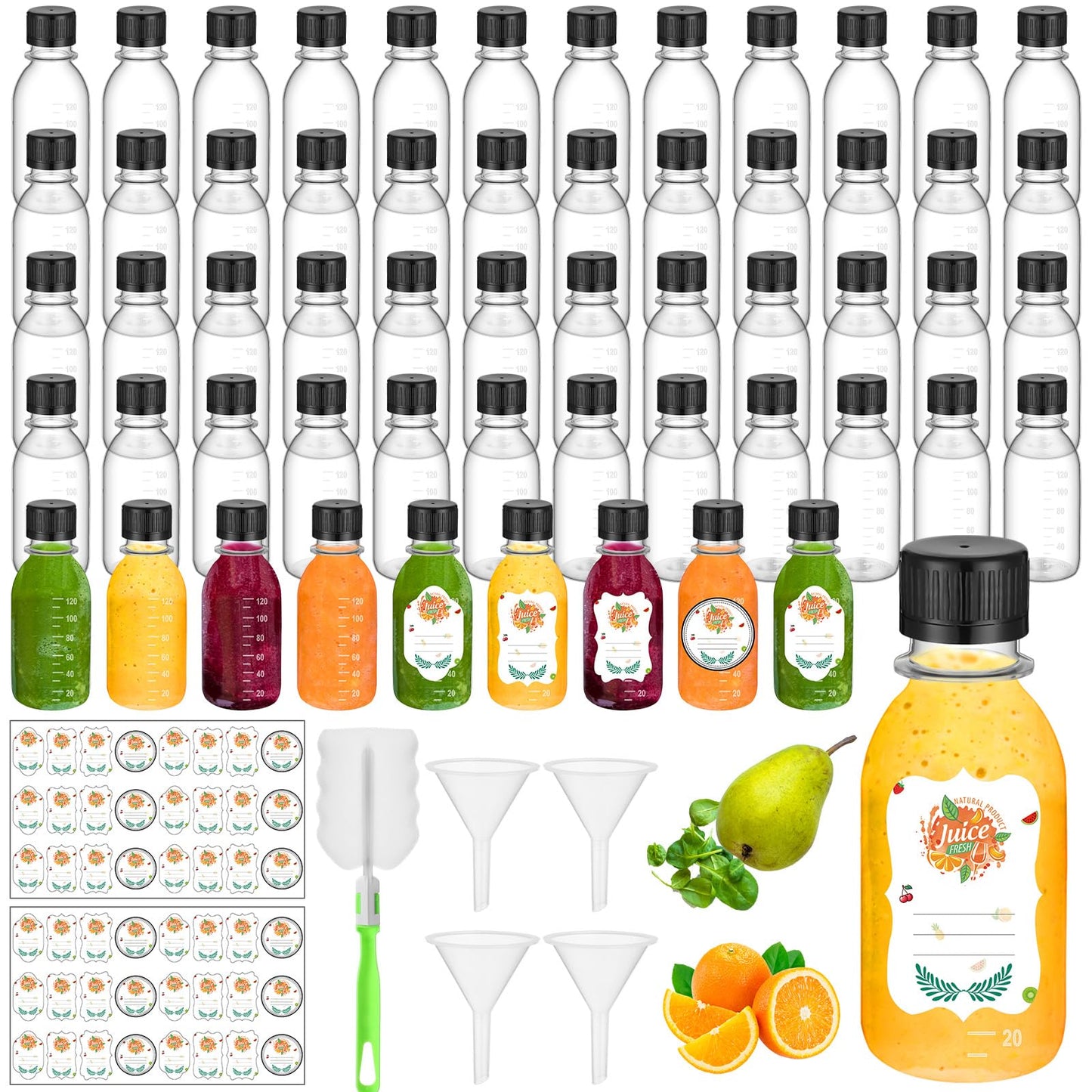 LemonRoad 50 Pcs 4 oz Small Plastic Juice Bottles with Black Cap Mini Reusable Clear Shot Jar with Lid Scale and Label for Ginger Liquid Drink Milk Beer Coffee Storage Container Portable Travel