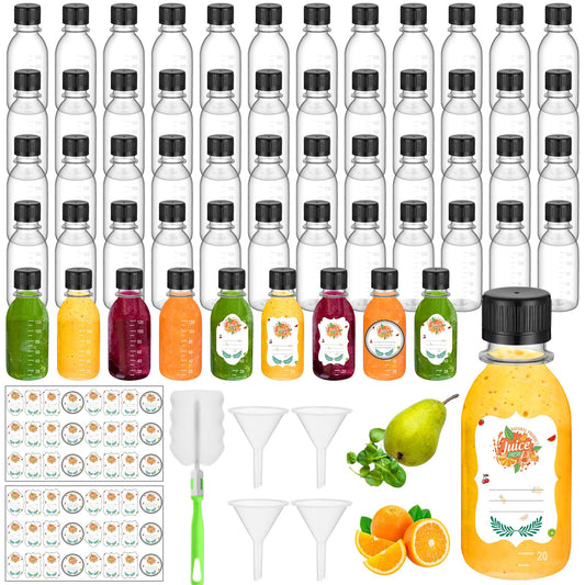 LemonRoad 50 Pcs 4 oz Small Plastic Juice Bottles with Black Cap Mini Reusable Clear Shot Jar with Lid Scale and Label for Ginger Liquid Drink Milk Beer Coffee Storage Container Portable Travel