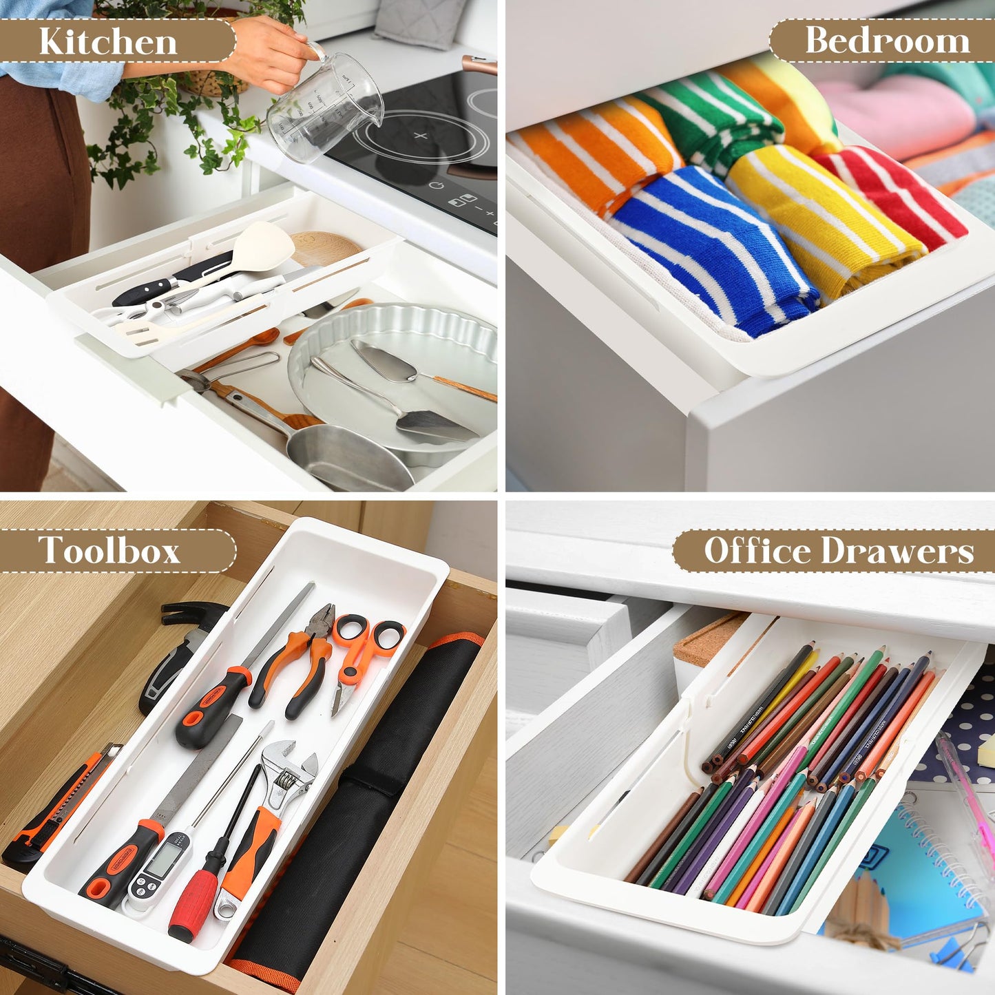 Gulfmew 2 Pack Deep Drawer Organizer Bins, Sliding Drawer Organizer Bin Expandable and Adjustable Tray for Kitchen Utensils, BBQ Tools, Towels, Durable Plastic Sliding for Easy Storage(17.4-27.6")