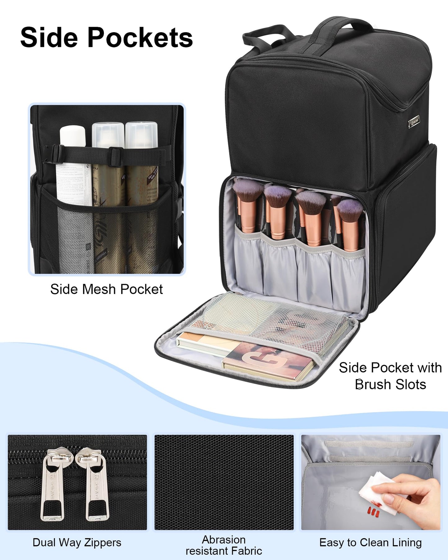 Relavel Makeup Backpack Large Makeup Bag with 3 Clear Set Bags, Dual Layer Professional Cosmetic Organizer Travel Train Case Makeup Artist Kit with Adjustable Dividers & Easy to Clean Lining, Black
