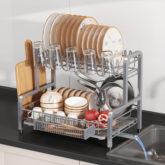 BOOSINY 2 Tier Dish Drainer Drying Rack for Kitchen Counter, Large Stainless Steel Dish Dryer with Drainboard, Big Rustproof Metal Space Saving Countertop Plate Strainer with Utensil Holder, Sliver