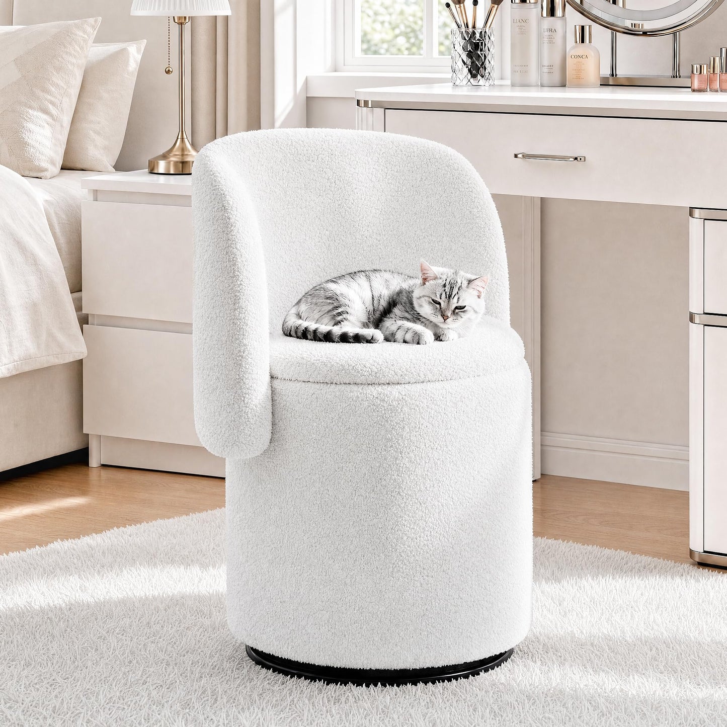 WOCFYK Swivel Vanity Chair with Storage and Matching Cat Bed Stool, 360 Degree Upholstered Barrel Chair, Teddy Fleece Makeup Chair with Back for Bedroom, Vanity Room, Dining Room, White Teddy Fleece