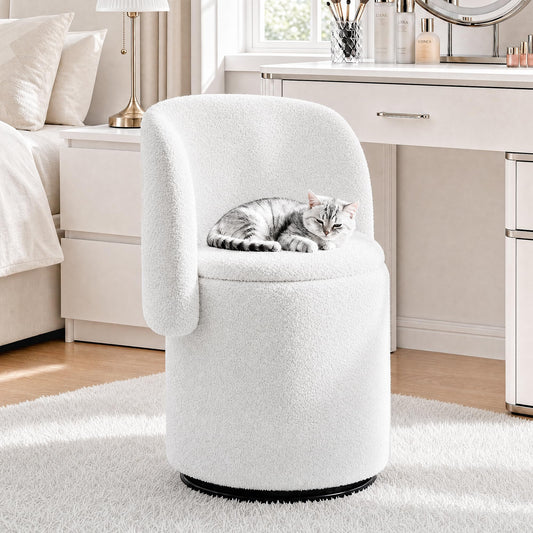 WOCFYK Swivel Vanity Chair with Storage and Matching Cat Bed Stool, 360 Degree Upholstered Barrel Chair, Teddy Fleece Makeup Chair with Back for Bedroom, Vanity Room, Dining Room, White Teddy Fleece