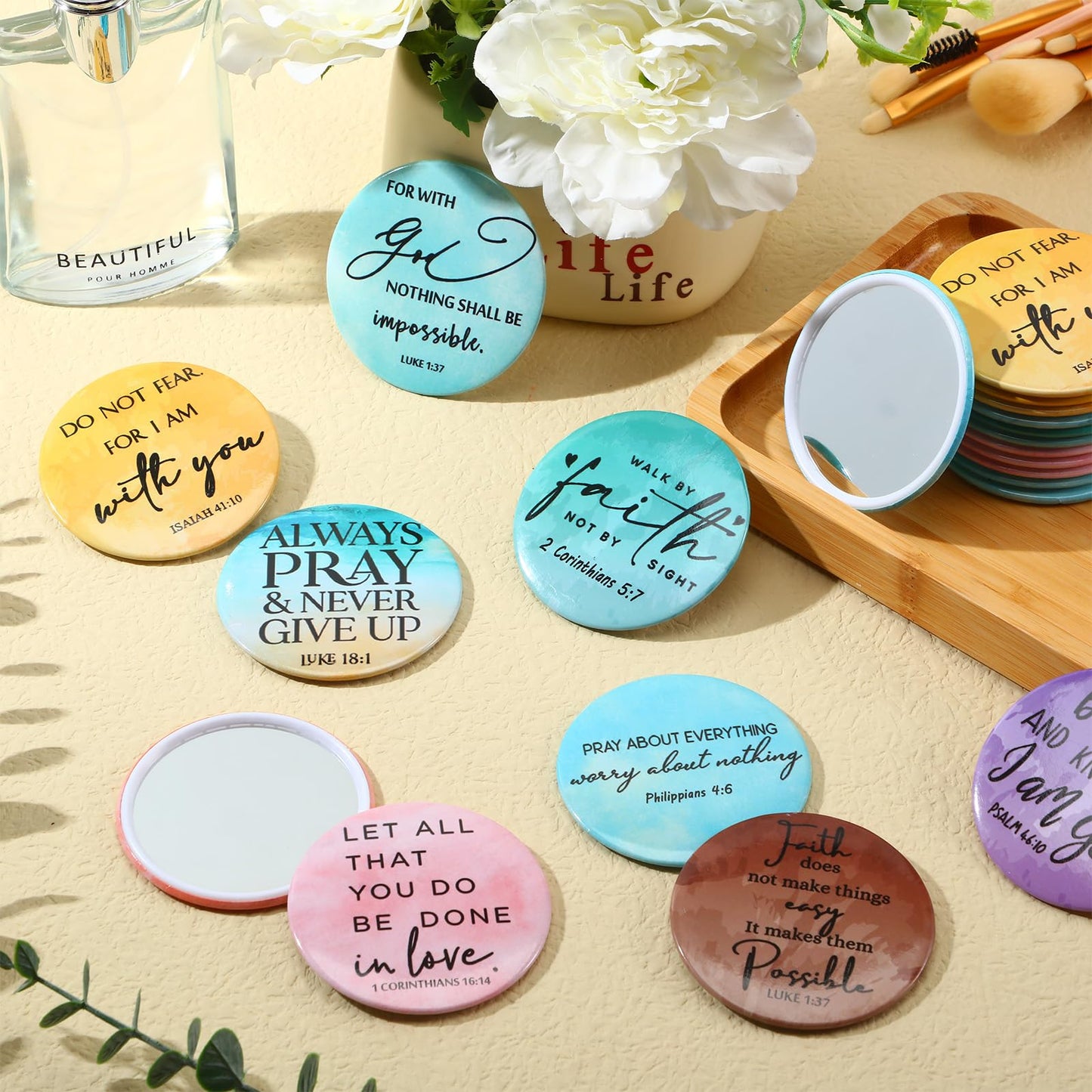 GlikCeil 54 Pcs Mini Christian Gifts Mirror for Women Bulk Inspirational Bible Verse Compact Mirrors Round Small Portable Christian Church Gift for Women Church Party Favor