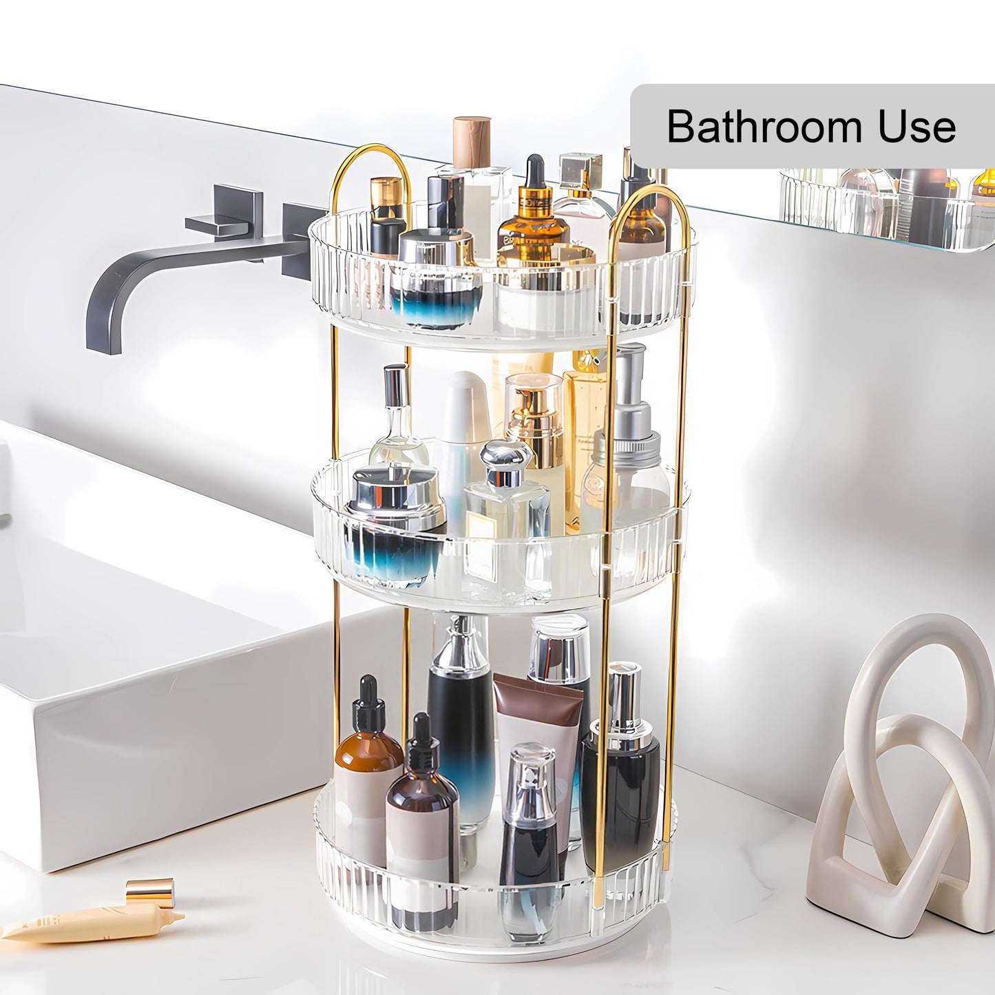 YCIA&DONE 360 Rotating Makeup Organizer and Storage for Vanity Countertop 3 Tiers, High Capacity Cosmetic Skincare Perfume Organizers for Dresser Bathroom Lazy Susan (Clear White)