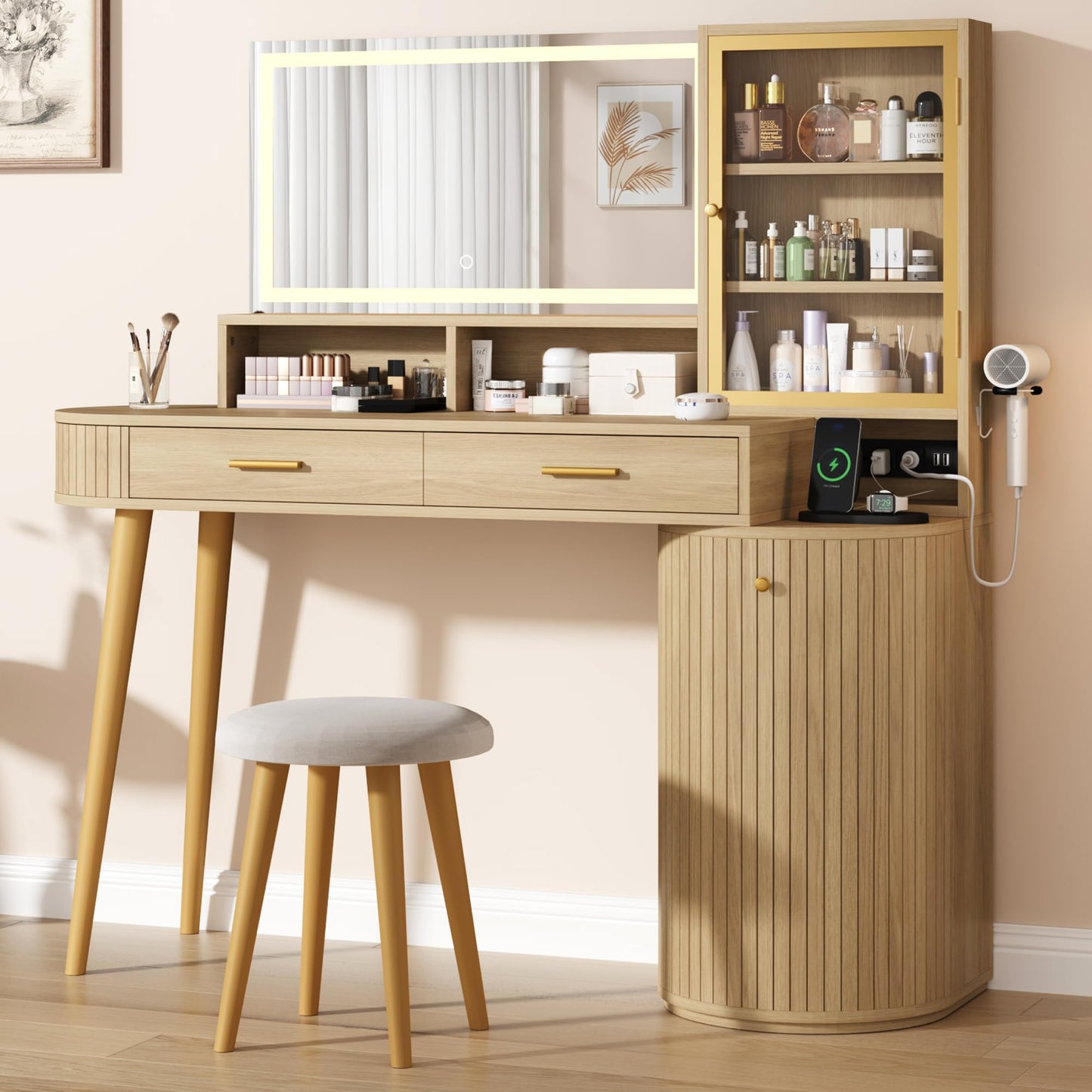 Garvee Vanity Desk with Light Mirror, 47.2 Inch Vanity Table with Stool and Charging Station, Modern Makeup Table with Drawer and Cabinet, Makeup Desk with Glass Door, Adjustable Shelf for Bedroom