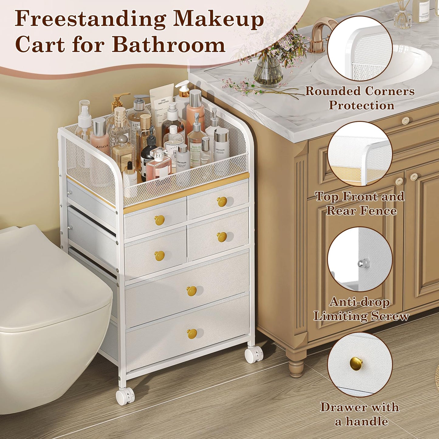 Uiithokyia Rolling Makeup Cart Organizer with 6 Drawers, Makeup Storage with Wheels, Floor Skincare Organizers Vanity Storage Organizer Cosmetics Display Cases for Skin Care Perfume Nail Polish, White