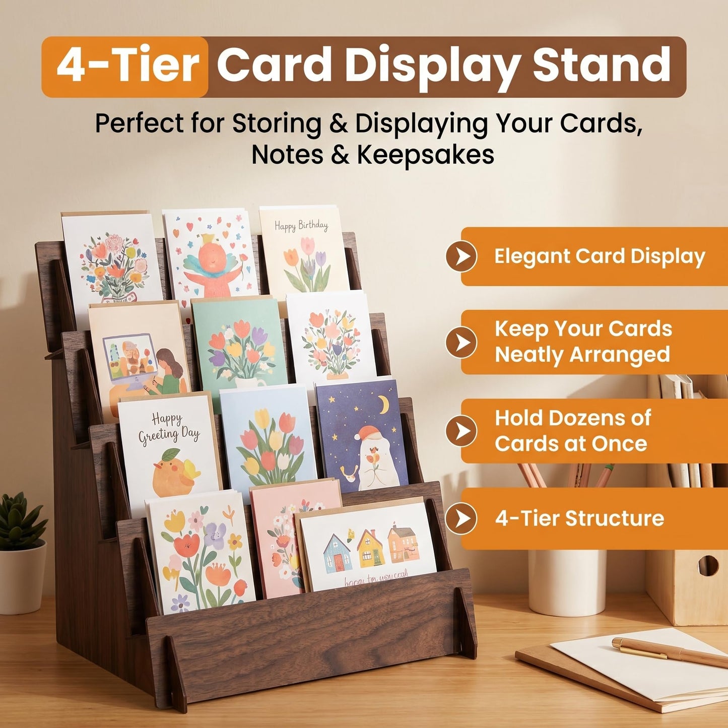 Hirokawa 4-Tier Wooden Greeting Card Display Stand, Card Rack for Stickers, Postcards, Photos, Stationery, Small Products, Home Office Decor & Organizer, Lightweight for Vendor Booths, Craft Fairs