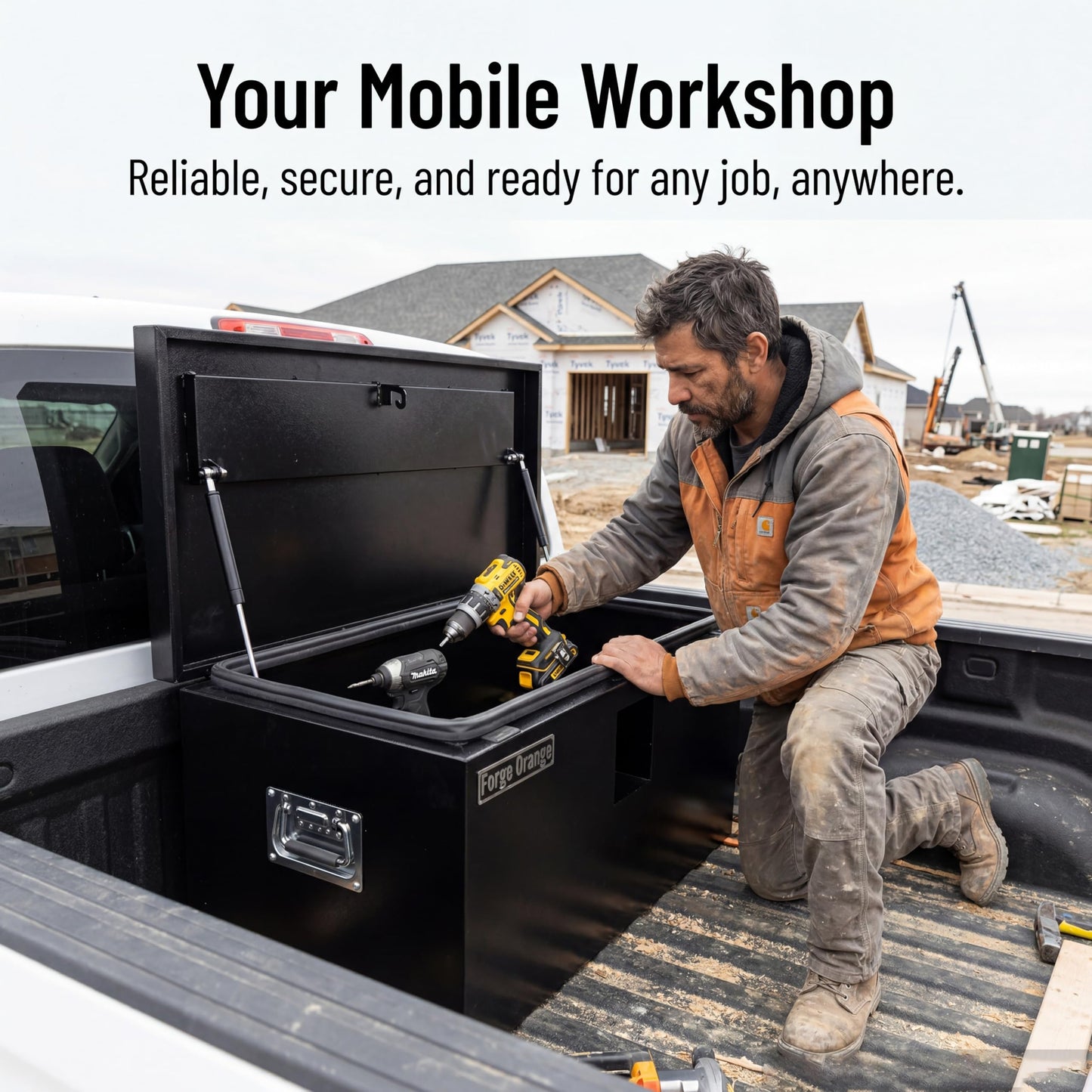 YRCHOFQU Heavy Duty Black Steel Truck Bed Tool Box, Trailer Tongue Storage Chest with Weatherproof Seal & Pneumatic Hinge for Pickup, RV, Utility Vehicles - 24 x 15 x 15