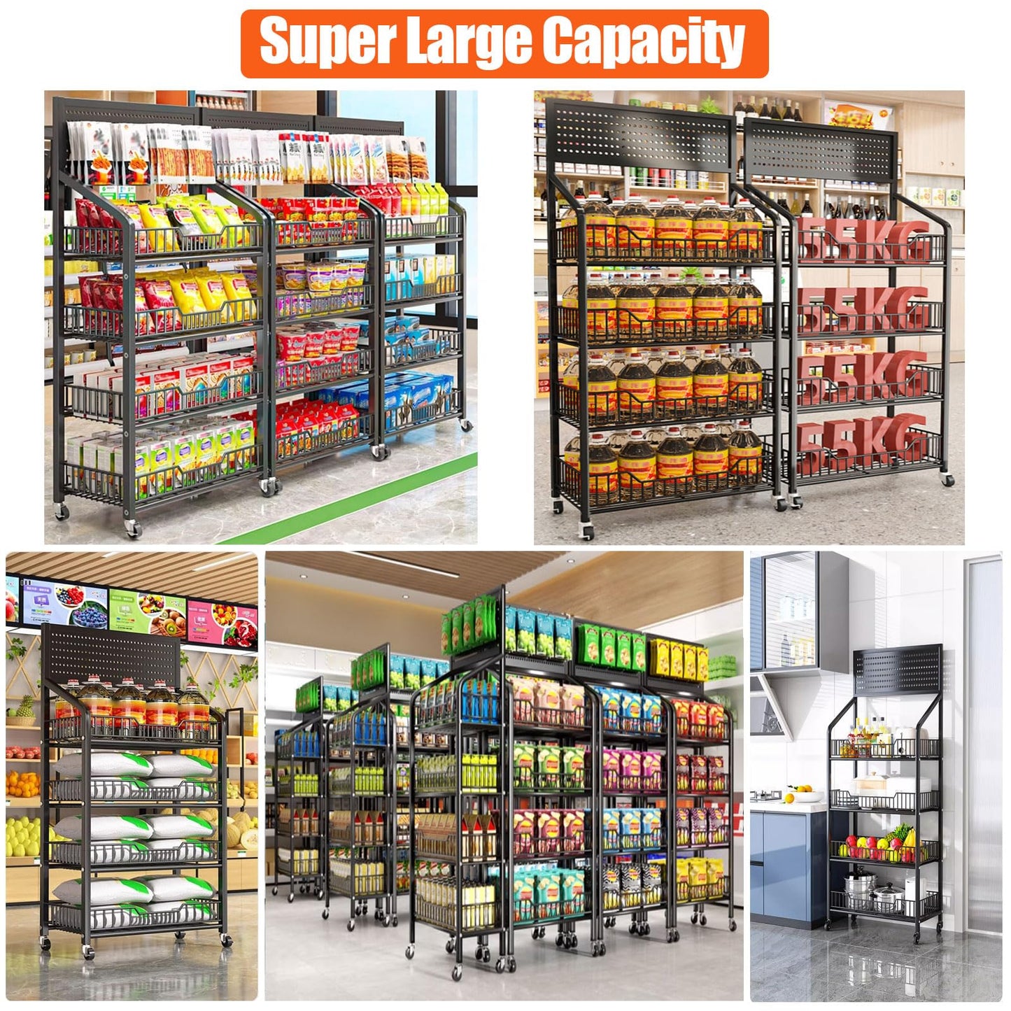 Fivaz 5 Tier Supermaket Snack Rack Display Stand, Free-Standing Black Retail Display Shelves with 12 Hooks & 4 Wheels, Large Metal Snack Shelf for Store Business
