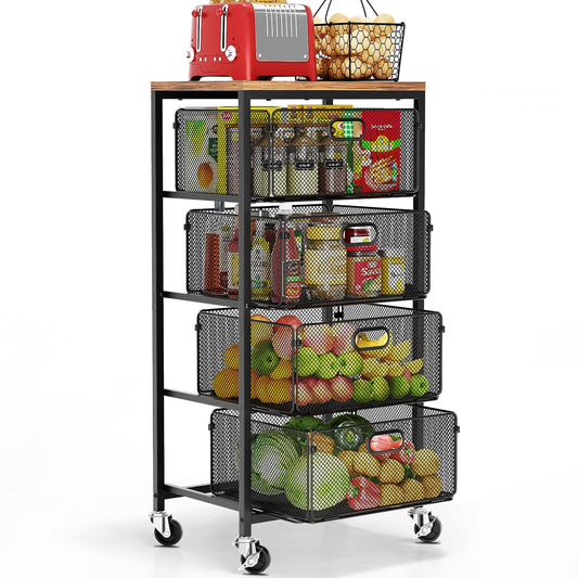 Goovilla Kitchen Cart with Drawers, 4 Tier Metal Rolling Utility Cart Organizer on Lockable Wheels with Wooden Top, Black Fruit Vegetable Storage Rack Also for Cans, Snack, Craft, Art, Office, Beauty