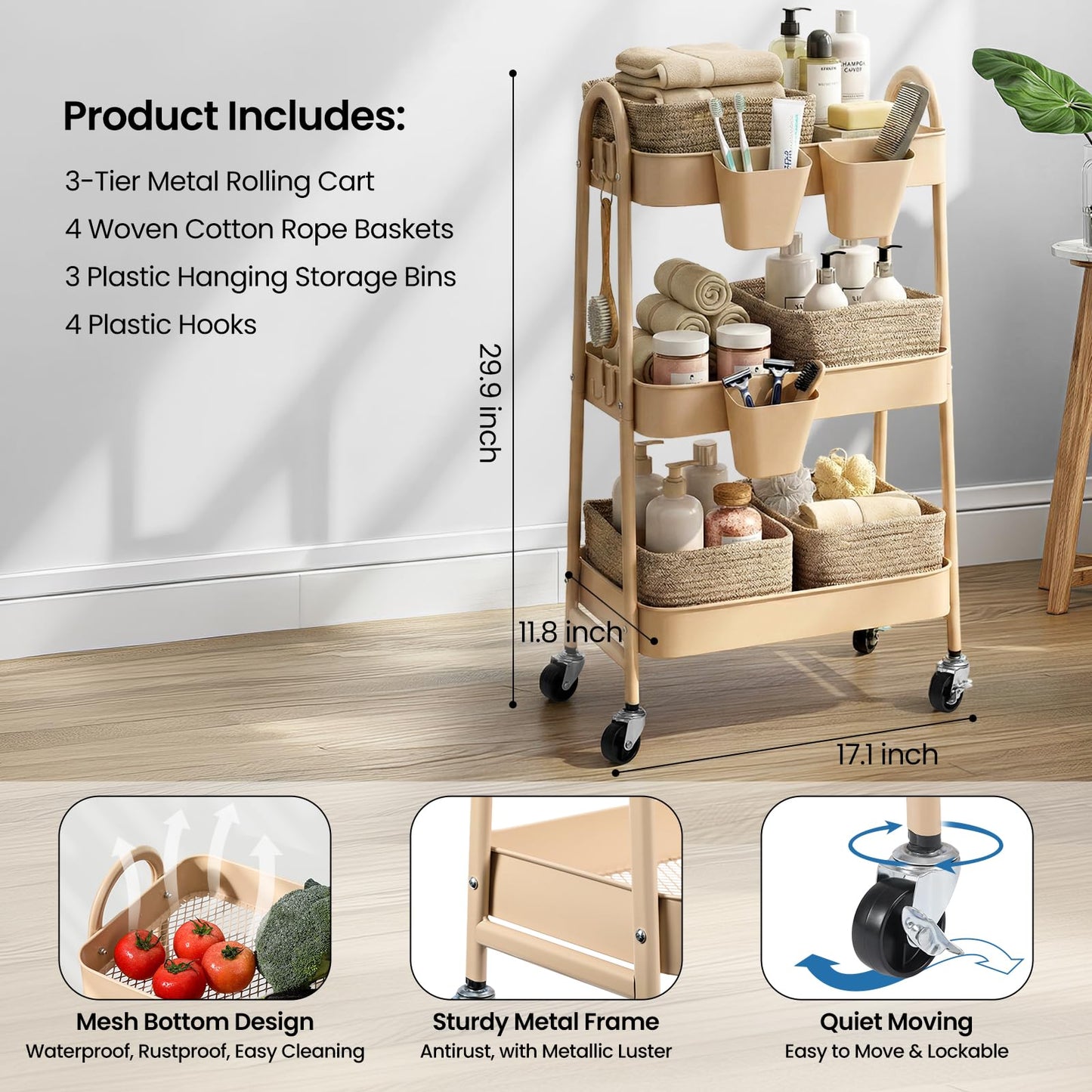3-Tier Rolling Utility Cart with 4 Woven Baskets, Diaper Book Snack Cart, Storage Organizer for Nursery, Kitchen, Craft Room, Home SPA, Living Room, Metal Frame Trolley on Lockable Wheels, Brown