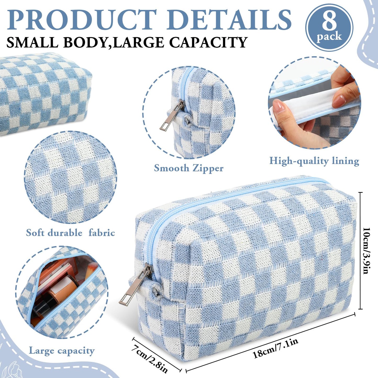 Gilprop 8 Pcs Checkered Makeup Bag for Purse Small Cosmetic Pouch Bulk Portable Zipper Makeup Pouch Travel Toiletry Organizer Gifts for Women Bridesmaid Wedding Party Favors (Blue)