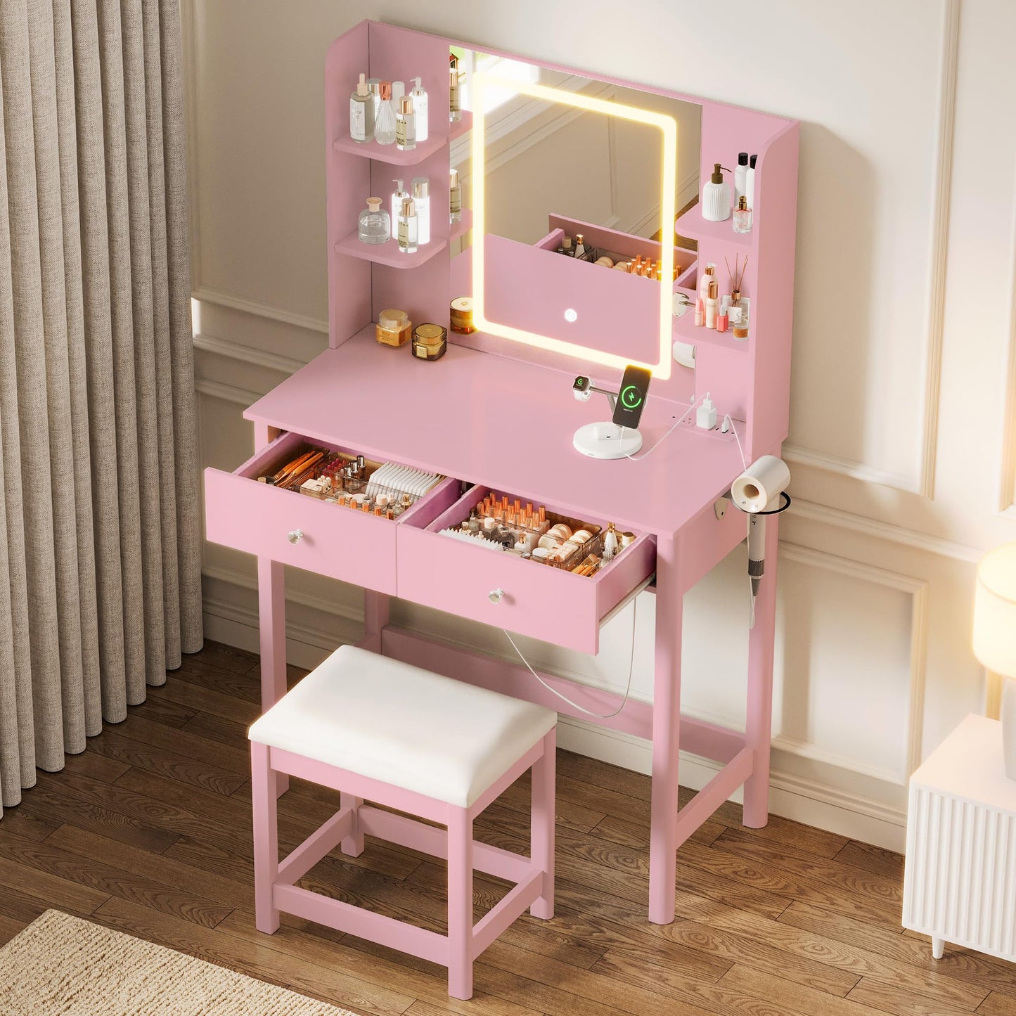 ProsperHaven Vanity Desk with Mirror and LED Lights, Small Makeup Vanity Table Set with Drawers and Chair, Dressing Table with Power Outlet for Girls Bedroom, Pink