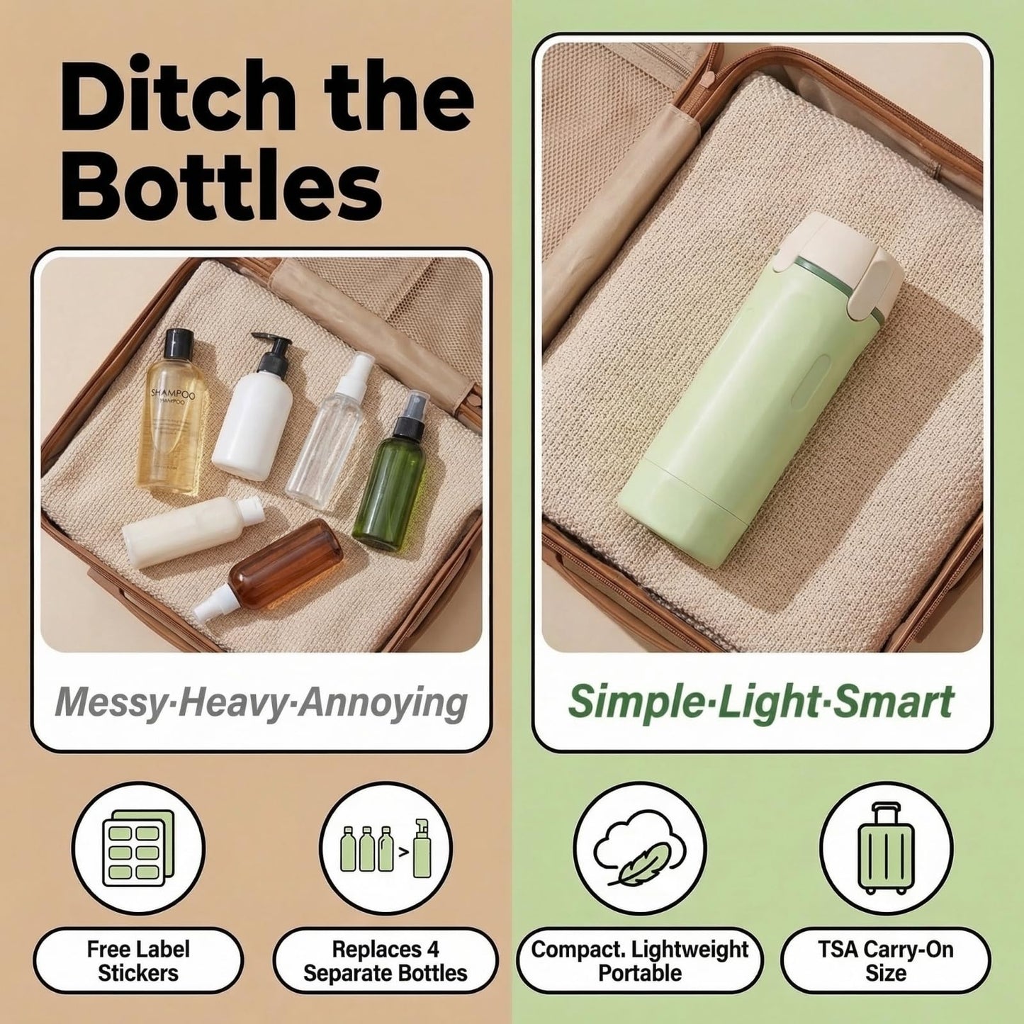 4 in 1 Travel Dispenser Bottle - Leak Proof Refillable Pump Set for Shampoo Conditioner Lotion, 4 Pack 30ml Portable Containers for Air Travel Business Trip Essentials (Green)