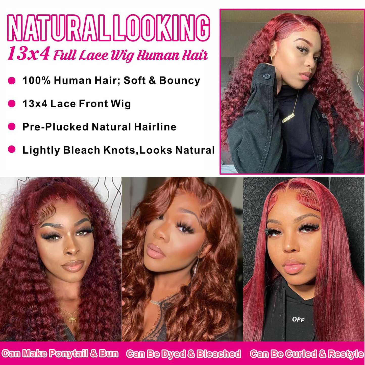 Aveiyce Reddish Brown Deep Wave Lace Front Wigs Human Hair 33b Color 13x4 HD Lace Frontal Wig for Women 180% Density Glueless Copper Red Curly Wig Pre Plucked 26 Inch