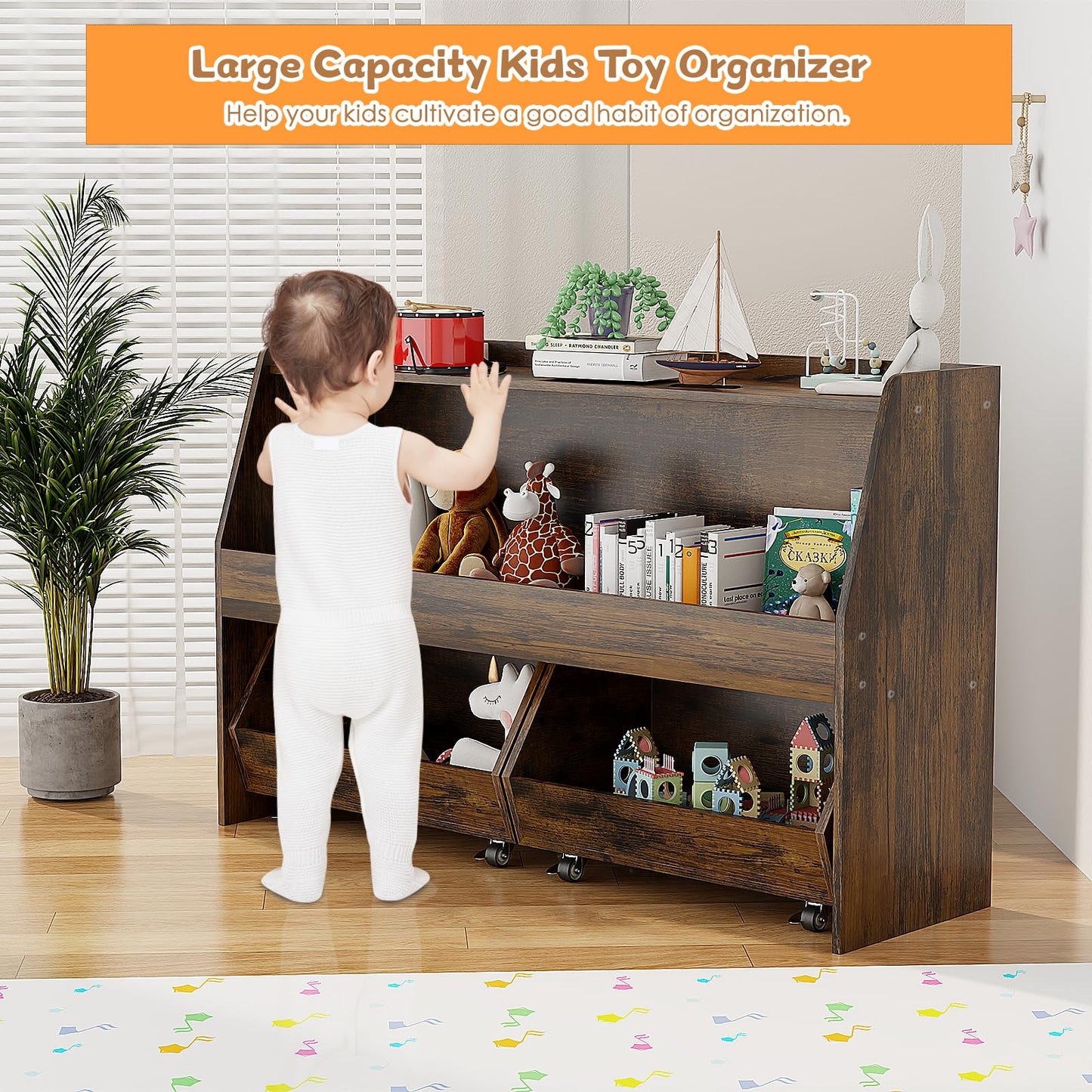 COZPAW 2 Tier Toy Storage Organizer Montessori Shelf with Movable Bins (White)