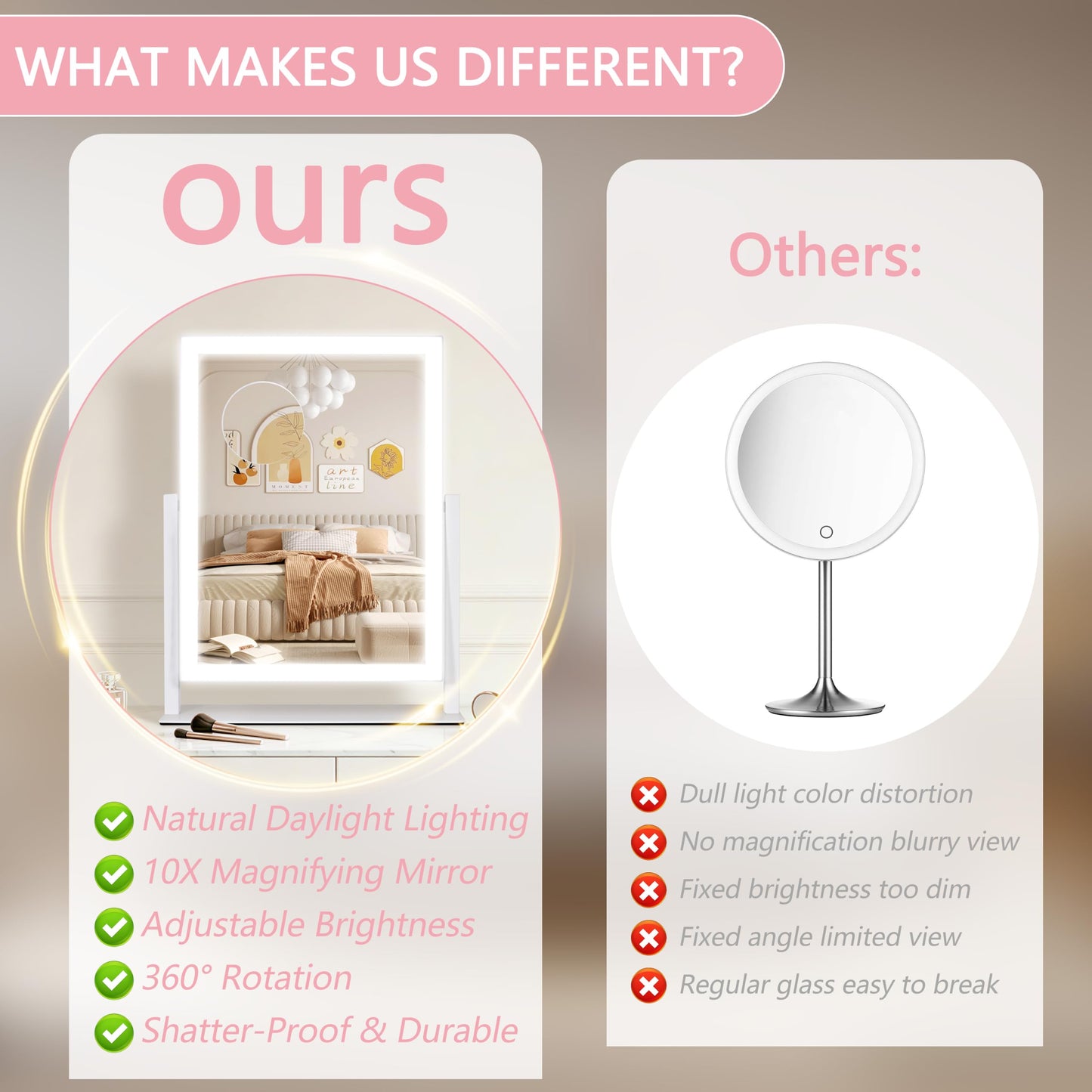 Lighted Vanity Mirror with Lights, Makeup Mirror with Light, 16.7"x 13.2",Three Color Lighting Modes and Dimmable Lighting, Smart Touch Control, 360°Rotation, for Vanity Desk Tabletop,Dressing Room