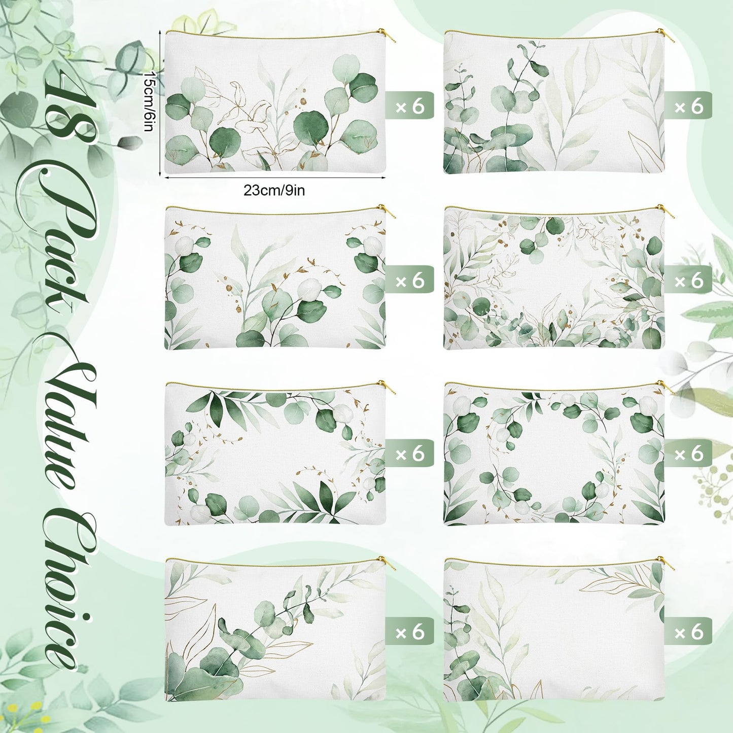 48 Pcs Eucalyptus Makeup Bags Bulk for Women Sage Green Leaves Cosmetic Bags Wedding Bridal Gifts Greenery Canvas Pouches with Zipper for Bridesmaid Baby Shower Anniversary Birthday Party Supplies