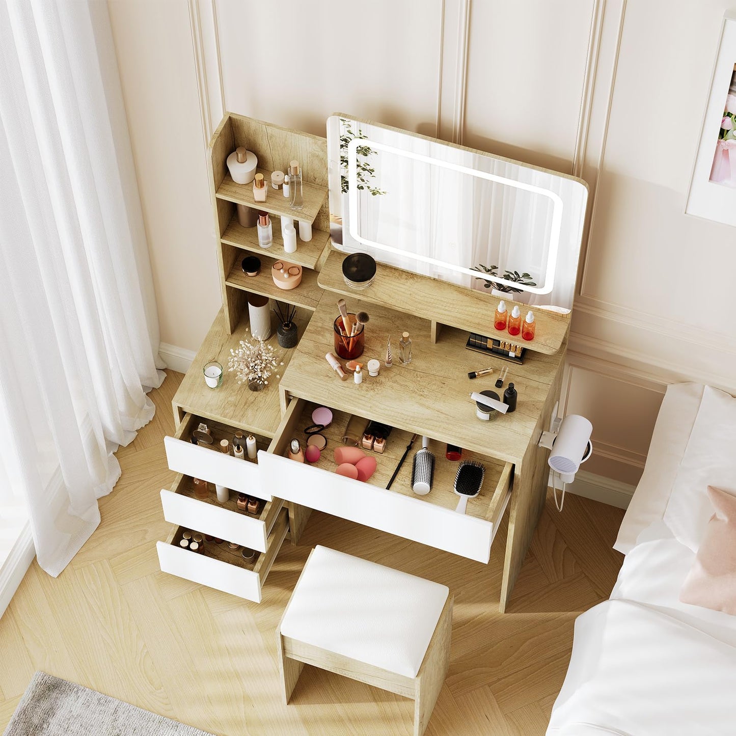 Vanity Desk with Mirror and Lights, Makeup Vanity with Adjustable Lights, Power Outlet & Storage: Dressing Table with Mirror, 4 Drawers, Shelves and Stool for Bedroom