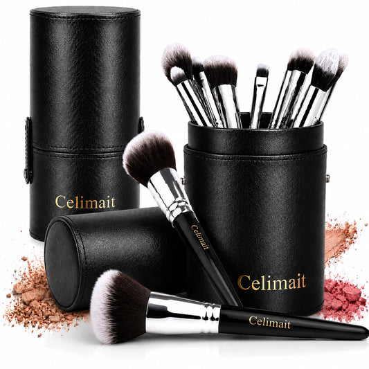 CELIMAIT Makeup Brushes Set with Travel Case, Soft Synthetic Bristles Makeup Brush Kit for Foundation Powder Blush Eyeshadow Concealer, Face Eye Brushes for Daily Use Travel Beginner Friendly, 12PCS