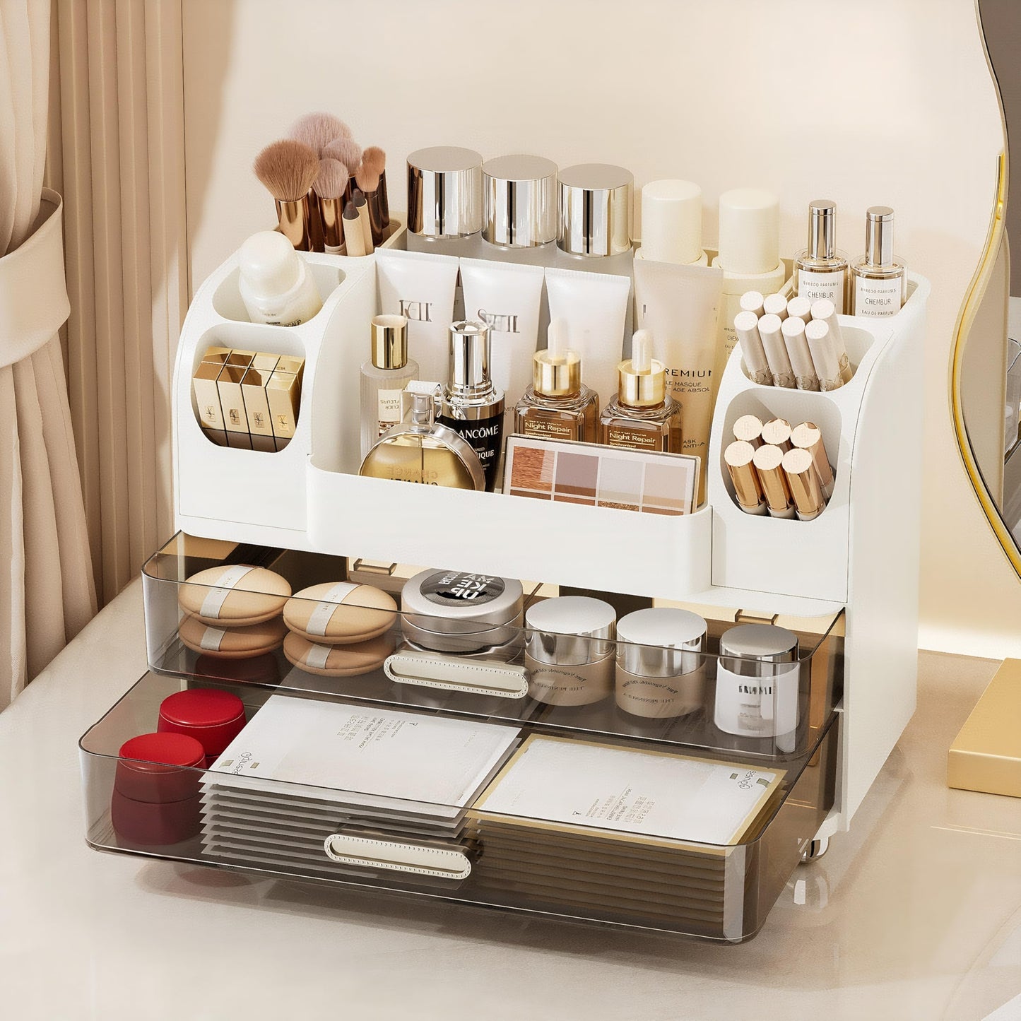 Makeup Organizer with 2 Drawers, Cosmetic Display Case, Storage Holder for Vanity, Bathroom Counter, Desk, Beauty Supplies (White)