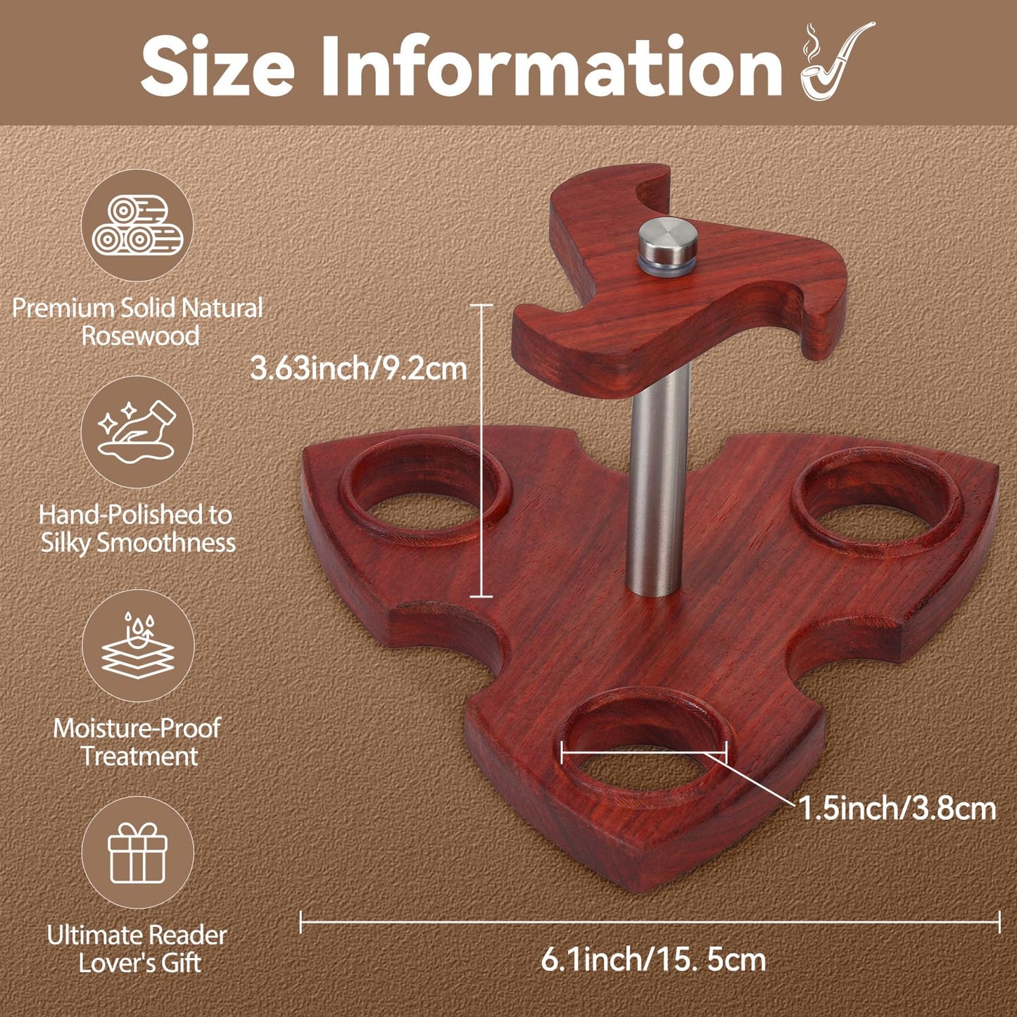 Solid Natural Rosewood Tobacco Smoking Pipe Stand Holder for 3 Pipes, 3 Slots Embossed Circular Slot, Non-Slip Rubber Feet, Easy Tool-Free Assembly, Ergonomic Shape Tabletop Display Rack for Pipe Smoker Collector Storage