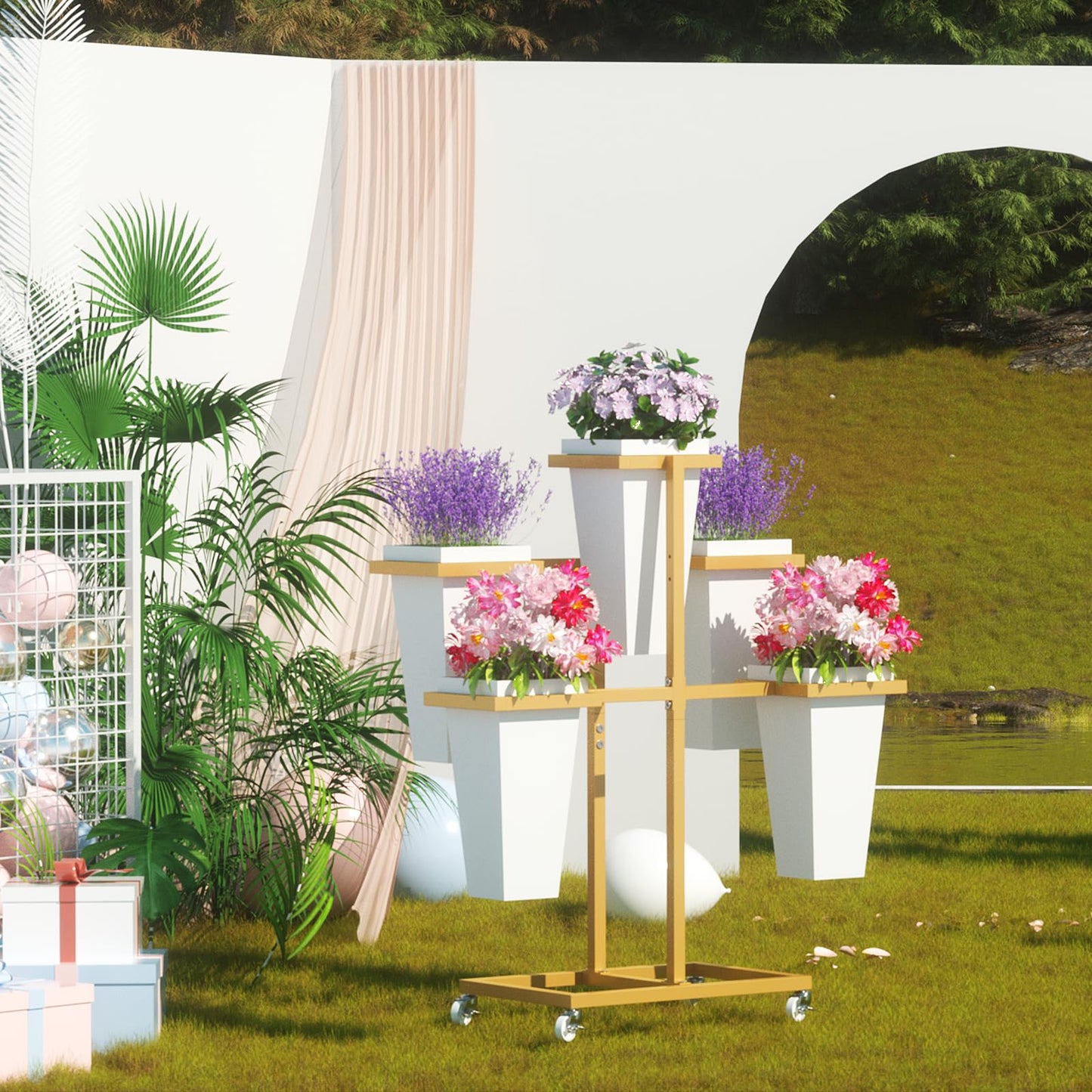 MILEFA Flower bar Stand with Buckets, Moving Flower Display Stand with Wheels, Metal Flower Cart for Bridal Shower, Wedding, Party, Garden, Gold