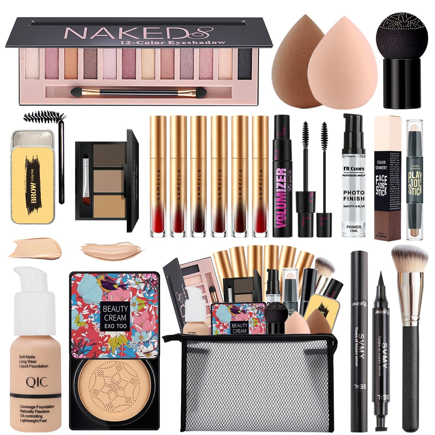 All in One Makeup Kit for Women Full Kit,Travel Make Up Gift Set for Women Teens Girls, Includes Eyeshadow,CC,Foundation,Lipstick,Mascara,Brush,Sponge,Brow Powder & Soap,Eyeliner,Primer,Contour,Bag