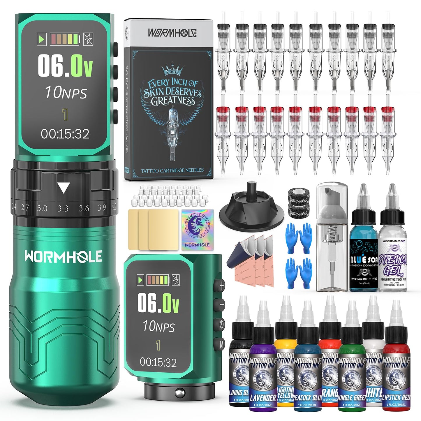 Wormhole 2PCS 2,300mAh Batteries Tattoo Gun Kit 8PCS 30ML Tattoo Inks Wireless Tattoo with 7 Adjustable Strokes Smart Display with 4 Memory Storage 3 Working Modes for Artist WTK0293